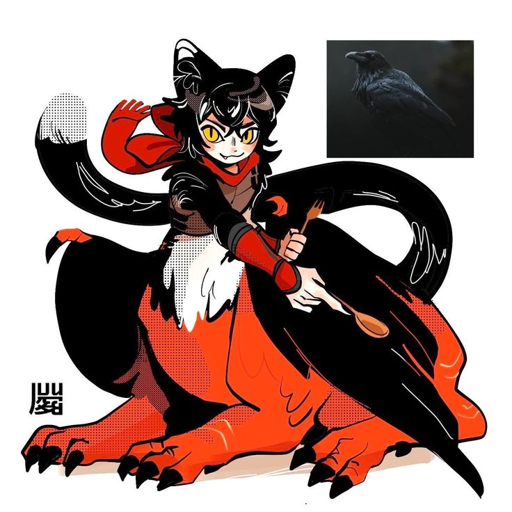 the image is a digital drawing of an anthropomorphic character.  the character is a hybrid creature with the head and upper body of a black catlike person and the lower body of a red griffin or dragon. they have black fur/hair, yellow eyes, and are wearing a red scarf and dark clothing. the character holds a spoon and fork in their hands. in the upper right corner, a reference image of a raven is shown. the style is reminiscent of anime and manga, with bold lines, flat coloring, and a slightly exaggerated design. the overall aesthetic is dark and slightly whimsical. the artist's signature (or a similar mark) is visible in the lower left corner.