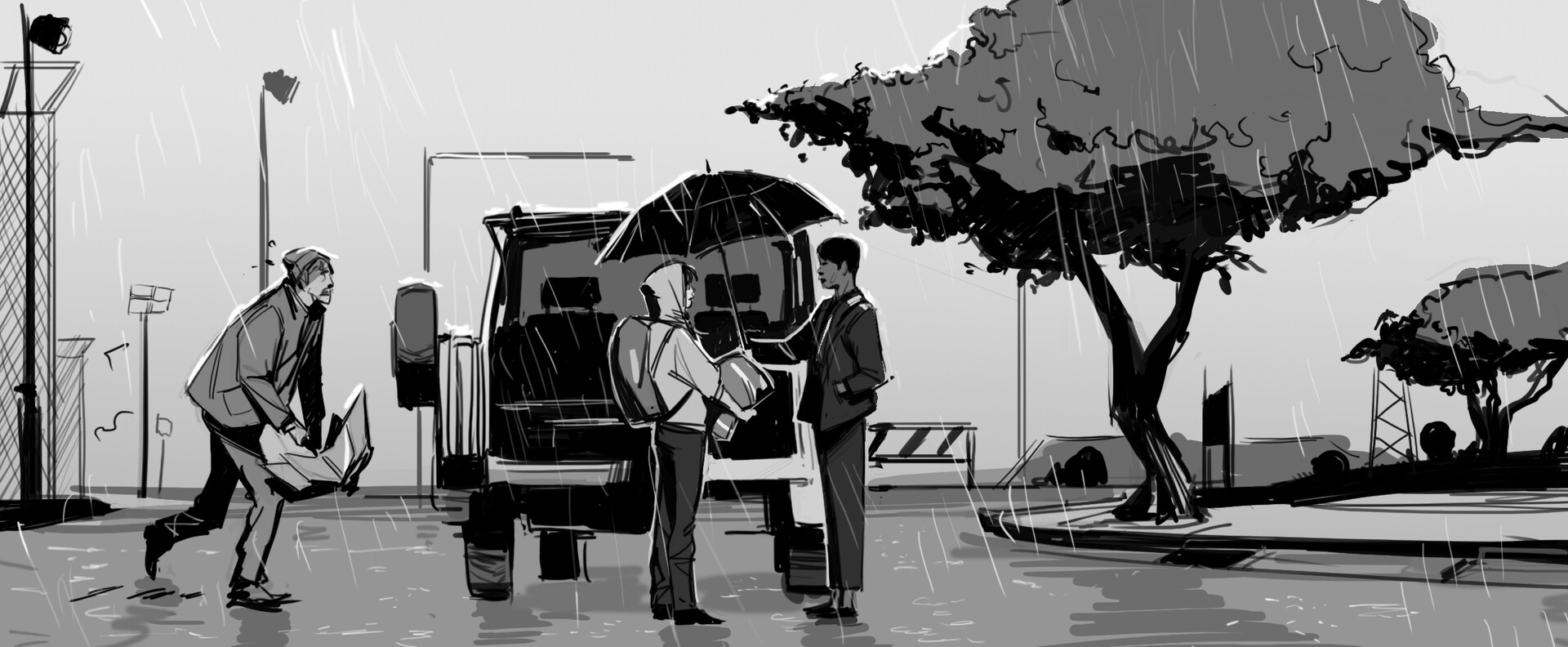 a black and white sketch depicting a rainy scene. three figures stand near a parked jeep, one holding an umbrella. a man in a jacket rushes by, carrying a folded umbrella. the setting appears to be an urban area with trees and a street. the overall mood is somber and atmospheric, characteristic of a visual narrative or storyboard.