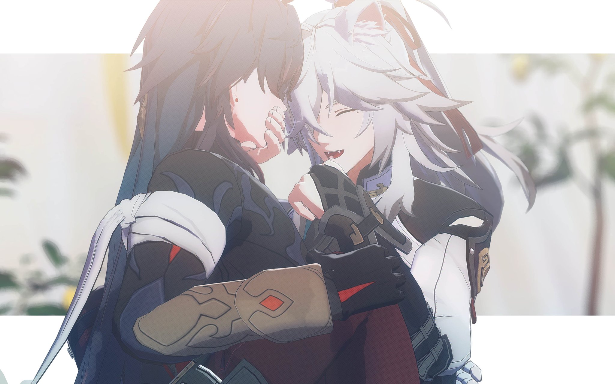 two anime girls, one with black hair and the other with white hair, are hugging each other. the girl with white hair is smiling and has her arm around the girl with black hair.  the girl with black hair is blushing and has her eyes closed.  they are both wearing colorful and detailed outfits. the background is blurry and suggests a scene of peace and calm.