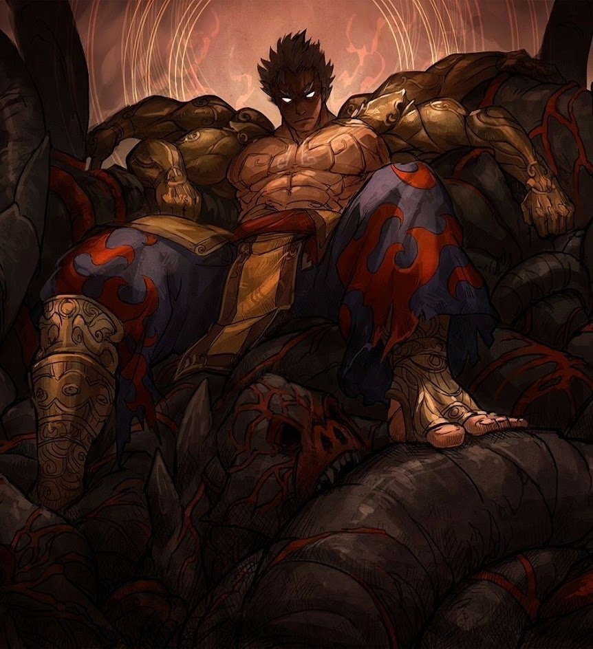 a muscular fantasy warrior wearing gold and red clothing is sitting on a throne made of demonic creatures. he has red eyes and is looking directly at the viewer.