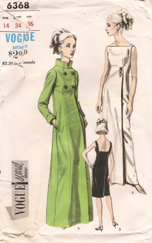 image of a vintage vogue special design sewing pattern envelope. the pattern number is 6368. the envelope features illustrations of a woman wearing a long, green, doublebreasted coat (dress a) and a woman in a long, lightcolored dress with a side slit (dress a). also shown is a small woman wearing a short, black dress (dress b). text on the envelope includes the vogue logo, "special design", the pattern price ($20.00), size information (14, bust 34, hip 36), and the phrase "$2.20 in canada." the image is wrinkled and has a vintage feel.