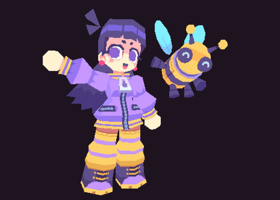 a pixel art voxel character of a young girl with a purple and yellow outfit, posing with a cute bee companion.
