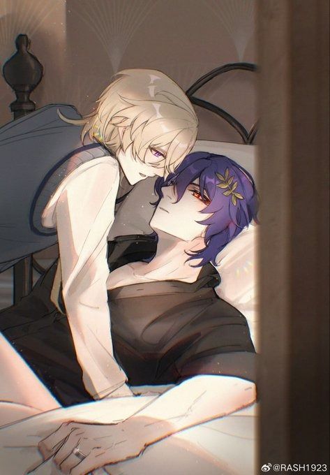 the image is a digital fanart depicting two anime boys in a romantic embrace on a bed. the boy on top has blond hair and is wearing a blue and white sweater, while the boy underneath has purple hair adorned with a small flower crown and is wearing a dark shirt. the artwork is intimate and suggests a close relationship between the two characters. the style is soft and romantic, with a focus on the characters' expressions and body language.