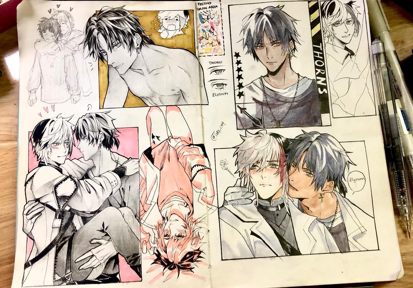 sketchbook page filled with various animestyle drawings.  several panels showcase different characters and couples in various poses, ranging from romantic embraces to individual portraits. the art style is a blend of ink and watercolor, with varying levels of detail and shading.  some panels show characters in more finished, detailed illustrations, while others appear as looser sketches or character studies.  there are also color swatches and character name annotations throughout the page, indicating that the artist is in the process of creating a larger work or developing character designs.  the overall tone is romantic and suggestive of a story or comic book in progress. the style is consistent with fan art commonly found online, particularly in relation to anime and manga.
