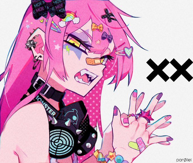 a digital illustration of a young anime girl with pink hair,  a  goth fashion sense, and a fierce expression on her face. she's wearing a black collar that says "monster" and a blue and black gas mask with silver studs. she has silver studs and a safety pin in her ear and bandages on her face. she's also wearing colorful nail polish and rings. the background is pink with a black pattern. the word "xx" is in the upper right corner.
