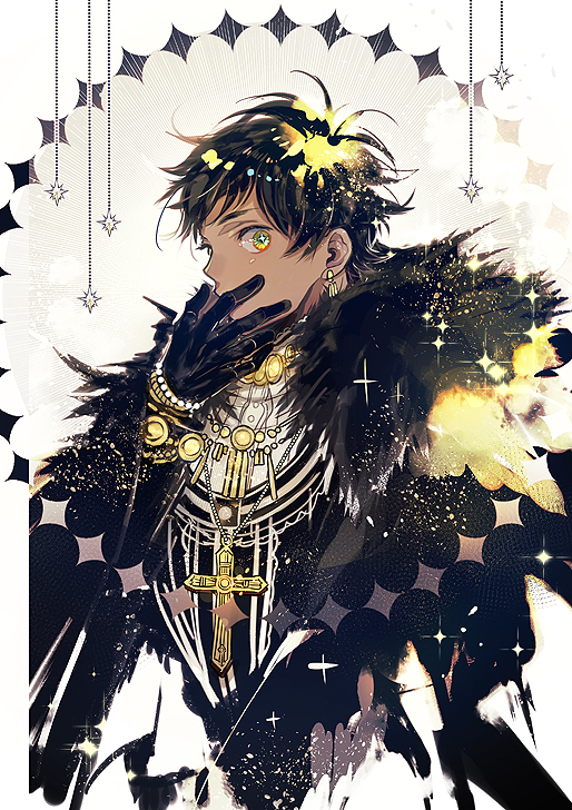 the image showcases a striking portrait of a young man drawn in an anime/manga style. he's adorned in an elaborate black and gold outfit featuring a furtrimmed collar, intricate jewelry, and subtle cross motifs. his attire is further accented by feathers and sparkling, almost celestial, effects. the background is a stylized, abstract design incorporating stars and a soft glow that illuminates the figure.  his expression is one of surprise or intrigue, with a hand partially covering his mouth. the overall aesthetic leans towards a dark yet elegant fantasy theme.