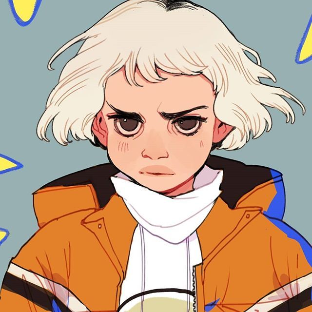 the image is a drawing of an anime girl with white hair and a serious expression. she is wearing an orange jacket with blue trim and a white scarf. the girl is looking directly at the viewer, and she appears to be angry or upset. the drawing is done in a cute and cartoony style. the background is a simple light blue.