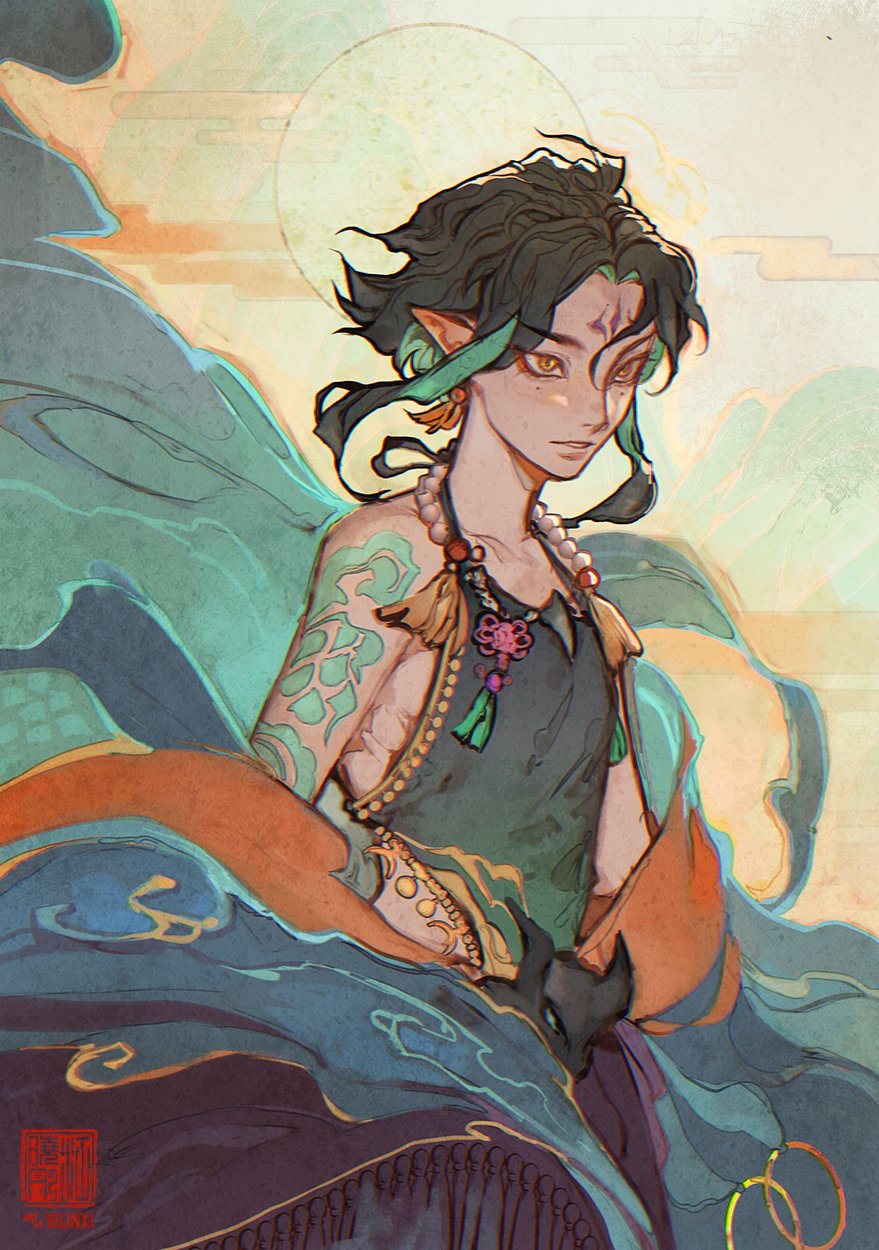 an artistic portrait of xiao from genshin impact. he is depicted in a detailed, painterly style with a serene expression. he wears traditionalinspired clothing and jewelry, including a beaded necklace and a halterstyle top. his arm features a green tattoo, and he has distinctive green highlights in his dark hair. the background includes a pale moon and flowing fabrics, creating a mystical and ethereal atmosphere. the artwork is highly stylized and evocative of east asian aesthetics.