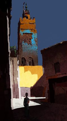 this is an impressionistic painting of a man standing on a narrow street, looking up at a tall, slender tower. the tower is the dominant feature in the painting, and it is rendered in a warm, golden light. the buildings on either side of the street are in shadow, and they are painted in cooler tones of blue and brown. the overall effect is one of peace and tranquility. the style of the painting is loose and painterly, with visible brushstrokes.