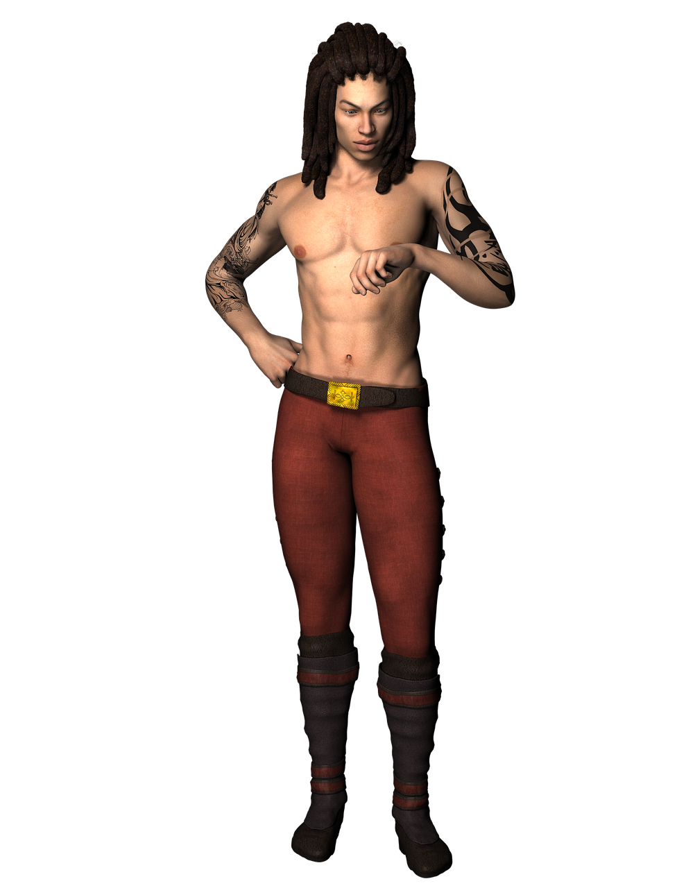 a muscular man with dreadlocks and tattoos stands against a black background. he is shirtless and wearing red pants with a gold buckle and black boots. the image appears to be digital art.