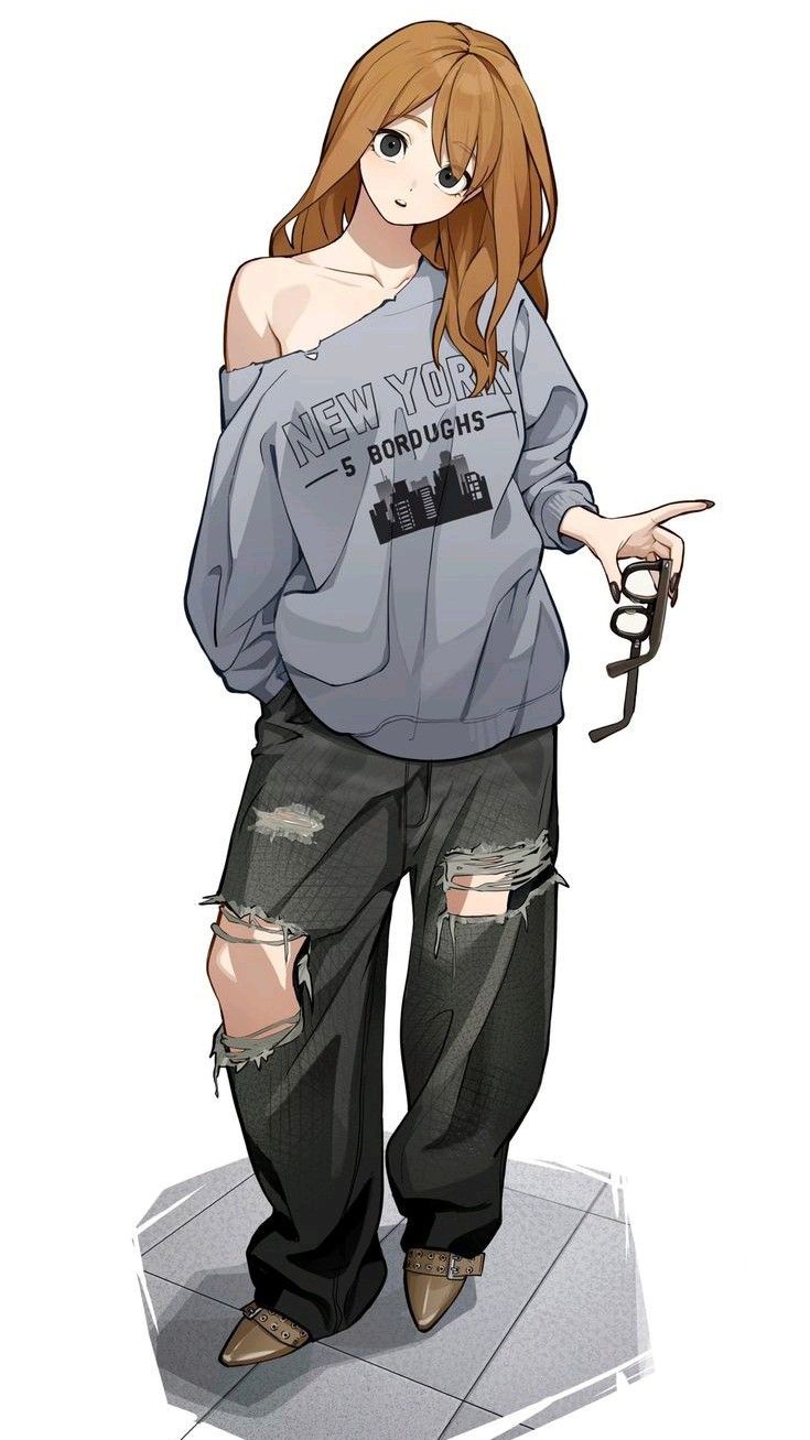 the image is a digital drawing of an anime girl. she has long brown hair and is wearing a grey sweatshirt with "new york  5 boroughs" printed on it, ripped jeans, and brown shoes. she is holding a pair of eyeglasses in her hand. the style is casual and stylish. the background is simple, with grey tiles on the floor. the overall style is modern and trendy.
