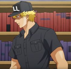 the image shows a young adult male anime character with blonde hair and a black baseball cap with "ll" on the front. he has a strong build and wears a black buttondown shirt. he's standing in profile, turned to his left, with his head slightly angled towards the viewer. the background is out of focus but shows a wall of books, implying a library setting.