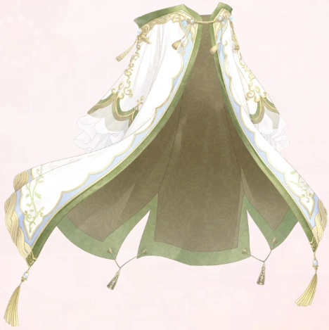 a long, flowing white and green cape with gold embroidery. the cape has a high collar and is decorated with tassels. the back of the cape is shown in the image.