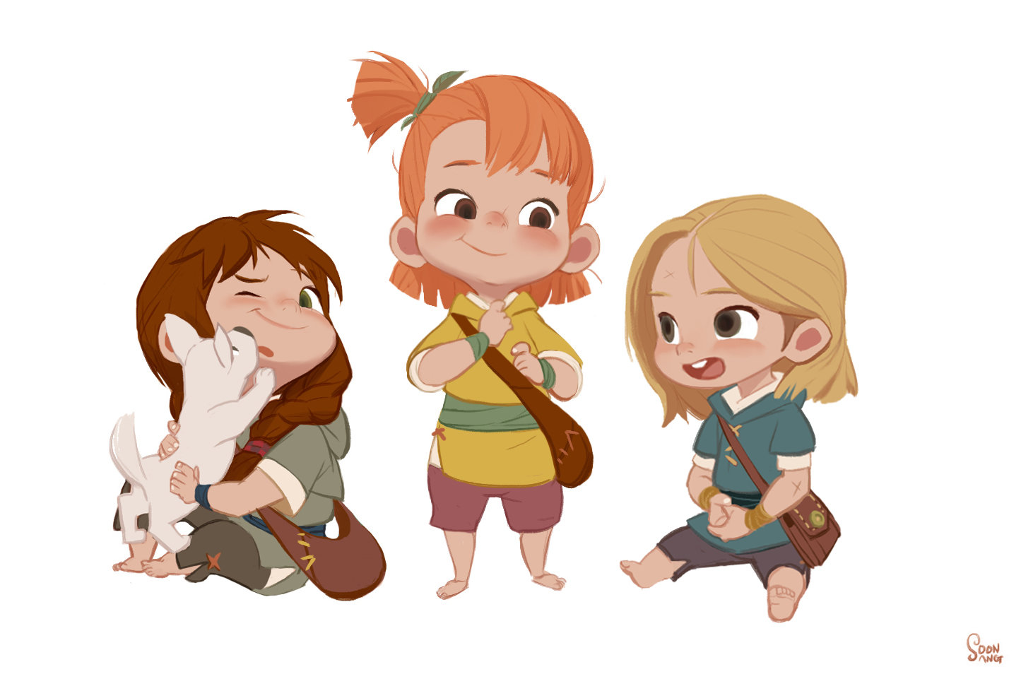 the image showcases three adorable, stylized children against a plain white backdrop. each child, with their unique hair color and clothing style, exudes a sense of playful adventure. one child, with brown hair, lovingly embraces a small white dog. another, with vibrant orange hair, stands confidently with a satchel. the third, with blonde hair, sits and appears to be engaged in conversation. the overall aesthetic is charming and whimsical, reminiscent of a children's storybook illustration.