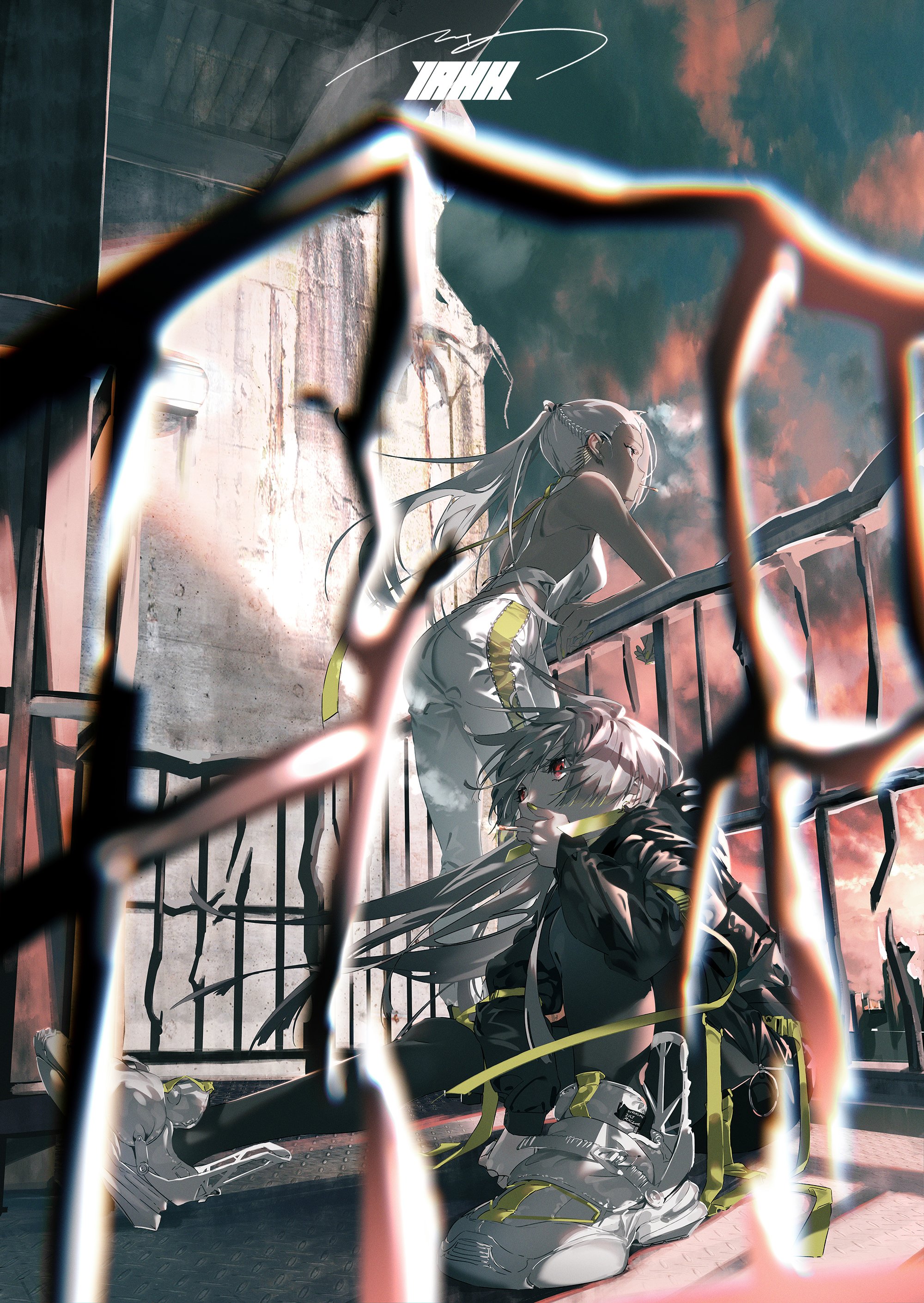 the image features two anime girls standing on a balcony overlooking a city. the girl on the left has white hair and is wearing white clothes, while the girl on the right has black hair and is wearing black clothes with yellow accents. both girls have red eyes and a cool, edgy expression. the image is stylized and has a cyberpunk aesthetic. the background is filled with grunge elements, such as graffiti, and the overall mood of the image is dark and edgy.