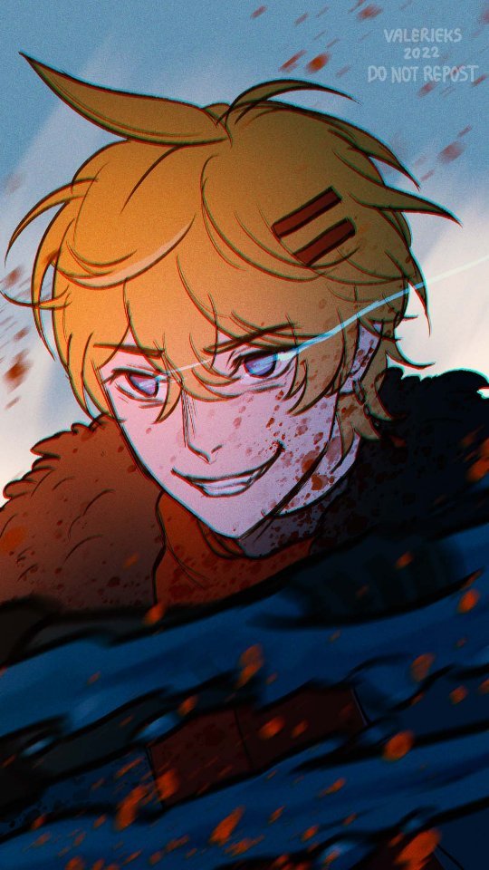 the image is a piece of digital fanart in an anime style. it depicts a young, blondehaired character with a mischievous smirk. the character is covered in blood splatter, suggesting a recent injury or fight. they're wearing a furcollared jacket, indicative of a cold environment. the background is blurred with motion streaks and darker colors, adding a sense of dynamic action.  the art is signed by "valeriecks" and dated "2022" with a "do not repost" notice. the overall mood is intense and dramatic.