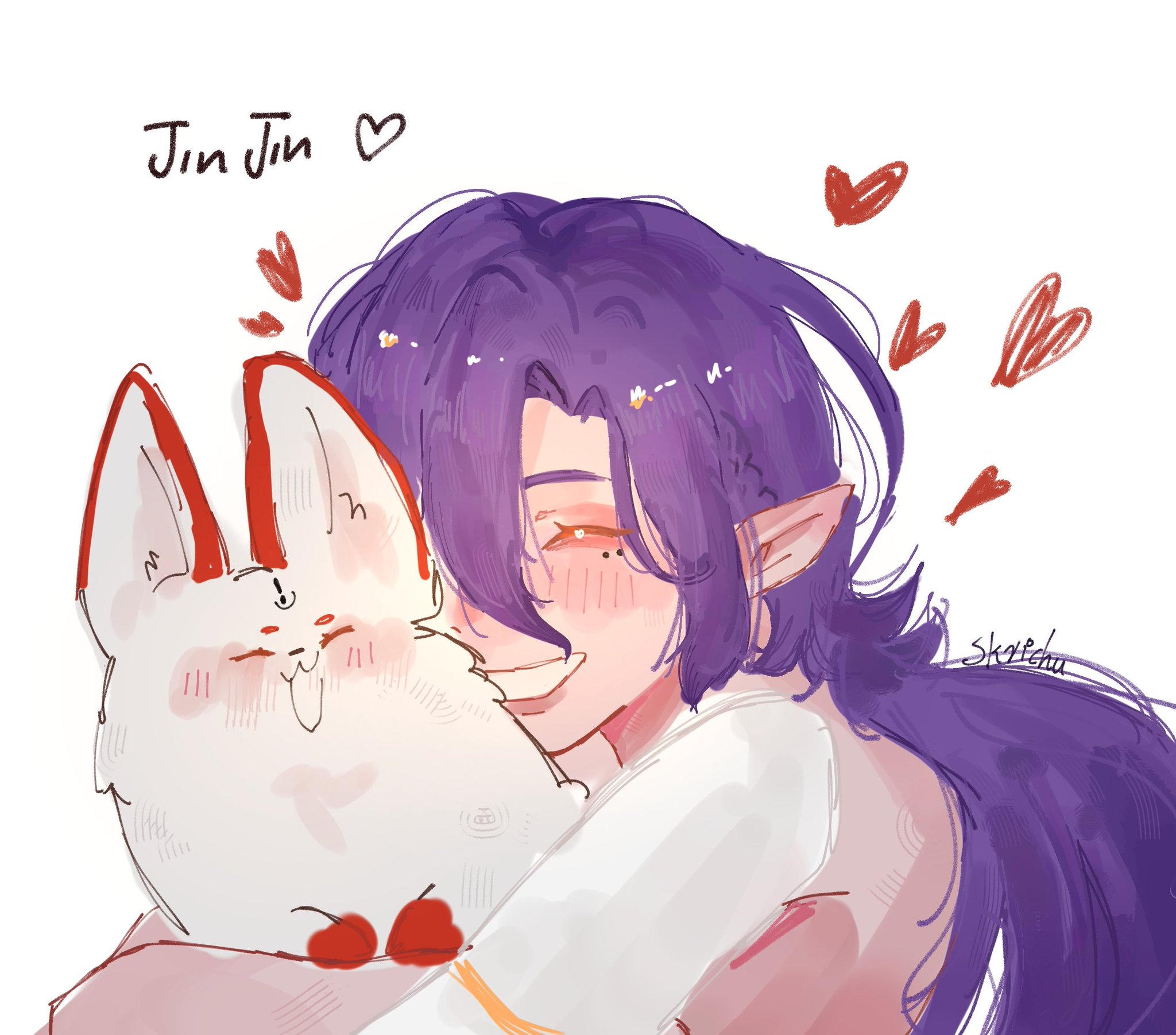 a digital illustration of an anime boy with long purple hair hugging a white fox with red accents. the boy is smiling and has a blush on his cheeks. the fox is also smiling and has its eyes closed. the background is white with red hearts floating around the characters. there is text on the top left corner of the image that says "jin jin."