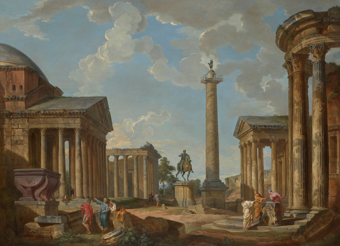 the image is a painting depicting a classical scene of ancient roman ruins and architecture. prominent features include the pantheon, various crumbling temple structures with standing columns, and a tall column with a statue on top. in the foreground, there are groups of people dressed in classical garments, some appearing to be observing or discussing the ruins. a statue of a man on horseback is placed on a pedestal. the sky is filled with clouds, and the overall tone is one of historical reflection and appreciation of classical beauty.