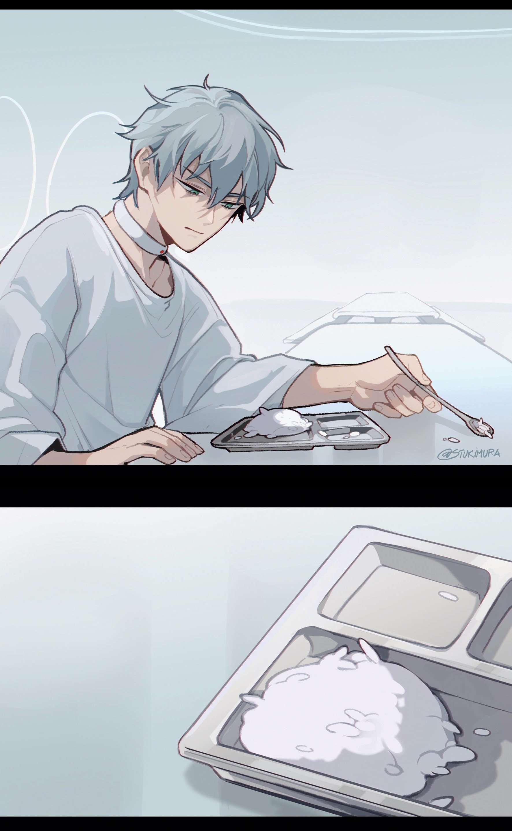this manga panel depicts a young man in a hospital bed,  wearing a hospital gown,  eating rice with a spoon. he appears sad and lonely, looking down at his tray as if he is lost in thought. the panel shows a sense of isolation and melancholy, suggesting that he is struggling with an illness or emotional hardship.  the use of pale colors and soft lines adds to the feeling of sadness and vulnerability.