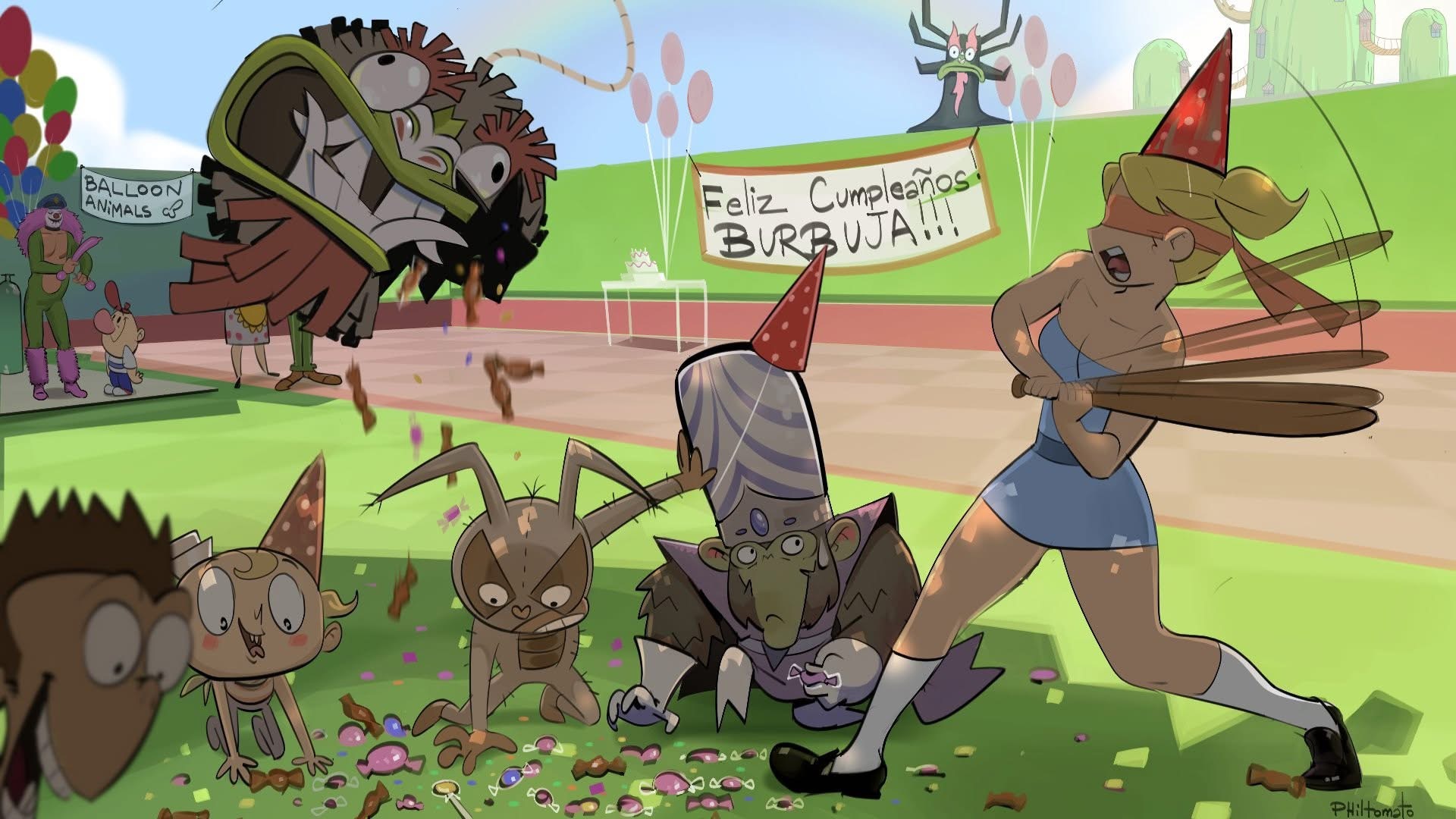 a cartoon image depicts a birthday party scene with characters from various cartoon network shows, particularly focusing on powerpuff girls villains. a blindfolded woman in a blue dress is swinging a bat at a piñata shaped like a character, scattering candy. mojo jojo and him are among the figures on the ground, amidst the falling sweets. in the background, there's a banner that reads "feliz cumpleaños burbuja" (happy birthday bubbles). a clown stands near a "balloon animals" sign, and aku looms in the distance.