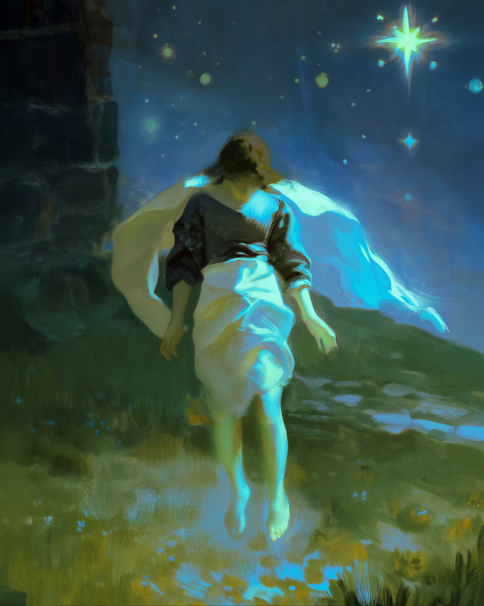 the image is a digital painting or artwork depicting a woman, seemingly ethereal and otherworldly, standing or floating in a body of water under a night sky filled with stars.  she is draped in a flowing, lightcolored robe or dress that appears to shimmer or glow with an unnatural light, possibly emanating from the stars or the water itself. the overall color palette is a mix of dark greens, blues, and teals, enhancing the mysterious and dreamlike atmosphere. the background includes a rocky or hilly landscape, adding to the surreal and fantasylike quality of the piece. the style suggests a blend of classical painting techniques with digital art, creating a unique visual effect. the woman's posture and expression convey a sense of peace, transcendence, or perhaps even ascension. a bright star is prominently featured in the upper right corner of the image.