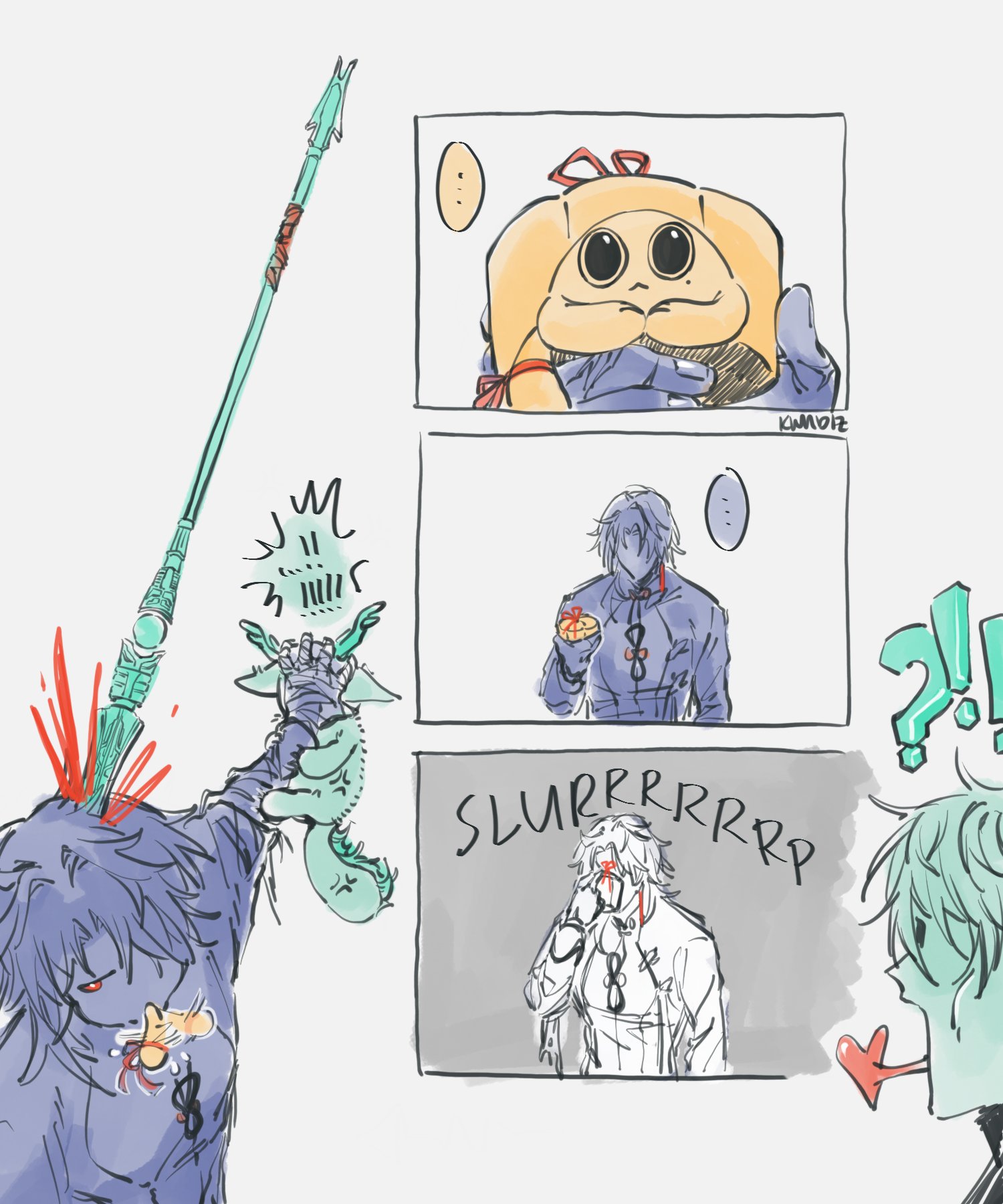 this is a comic strip with five panels. the first panel shows a character being impaled by a spear that is shaped like a giant sword. the second panel shows a character giving a gift to a happylooking character, and the third panel shows a character getting shocked by the gift. the fourth panel shows the character getting confused and surprised while the character in the last panel is happily looking at the shocked character. all characters are drawn in anime style. the comic is humorous and lighthearted.