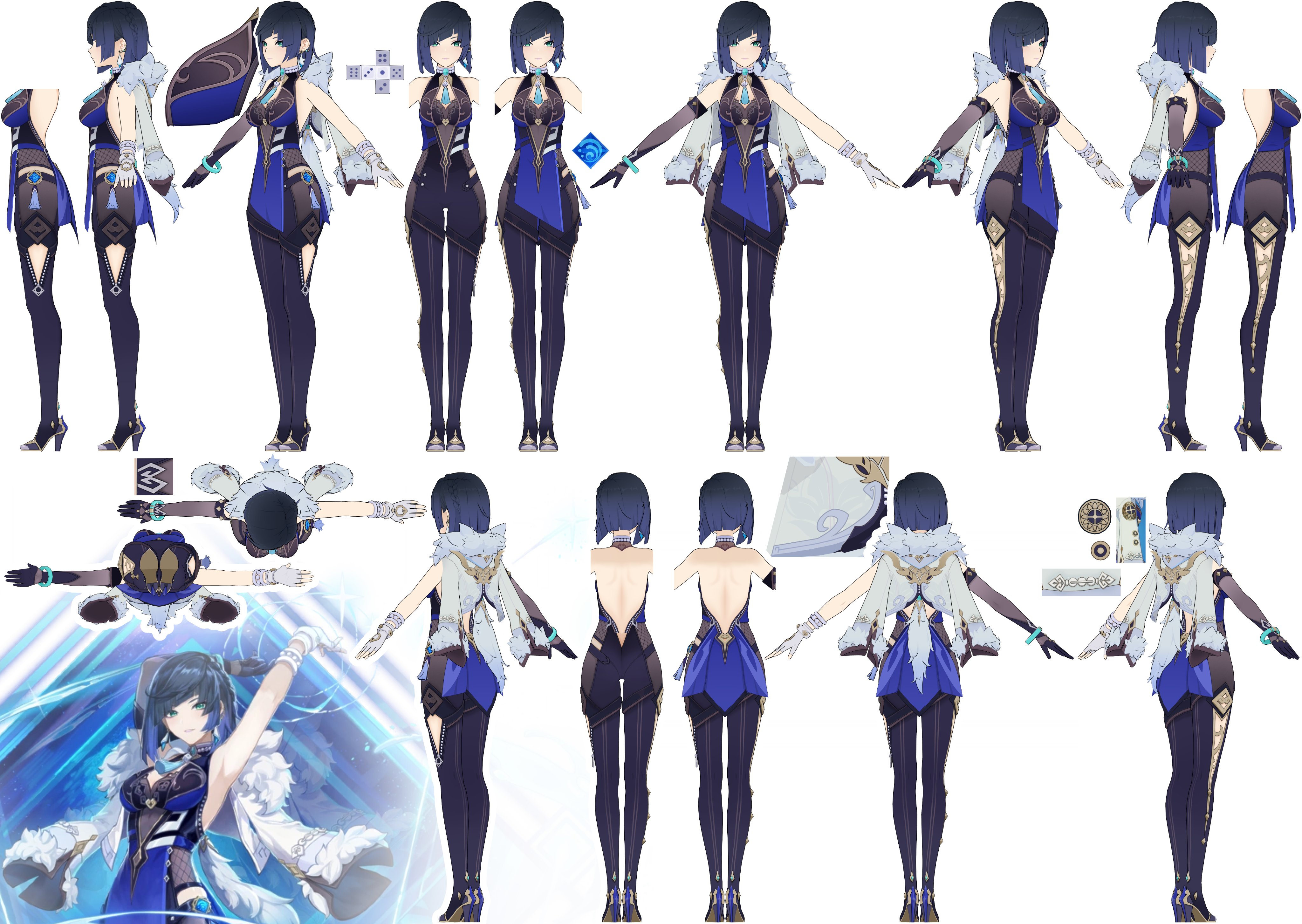 his image is a comprehensive model sheet for the genshin impact character, kamisato ayaka. it showcases her 3d model from multiple angles and perspectives, including front, back, side, and threequarter views.  the sheet also provides various closeups of clothing details, accessories, and separate elements like her hair and clothing pieces.  a smaller image in the lower left shows a dynamic pose of the character.  the style is consistent with anime and manga aesthetics.  the sheet is likely used for game development and animation.