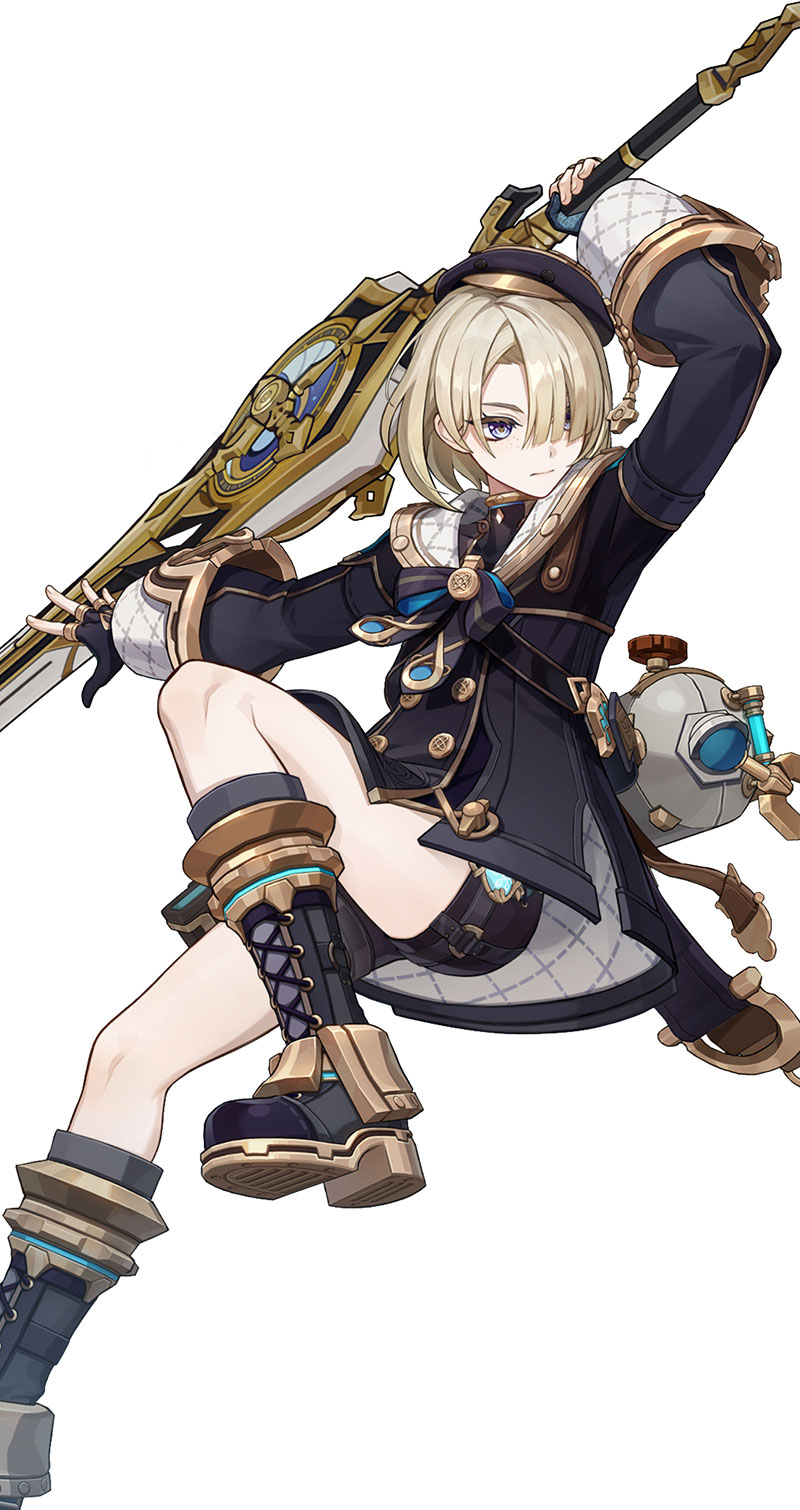a young woman with blonde hair and blue eyes is depicted in a fantasy setting. she is wearing a black and gold outfit with a hat and boots. she is holding a large sword with her right hand. she has a serious expression on her face and appears to be in battle.