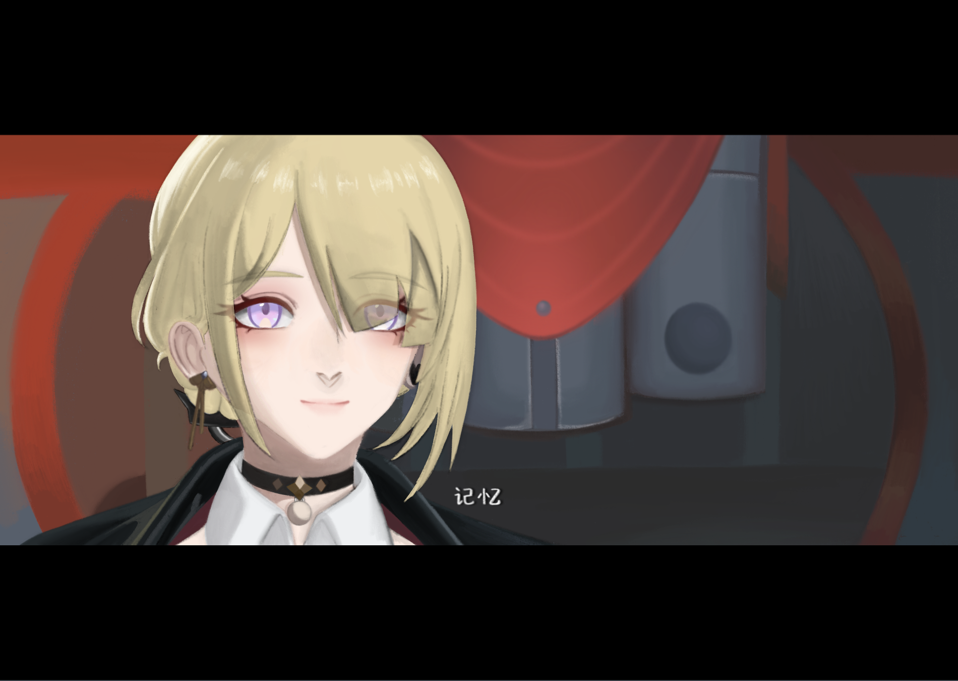he image is a digital illustration or fanart of an animestyle girl. she has blonde hair styled in a bob, purple eyes, and is wearing a dark jacket with a white collared shirt underneath, and a choker necklace. she is smiling subtly. the background is blurry and features a dark gray and red palette, with what seems to be a futuristic or technological setting. the art style is smooth and blends soft shading with bold lines.  there's some small text in the bottom center of the image, seemingly in japanese.