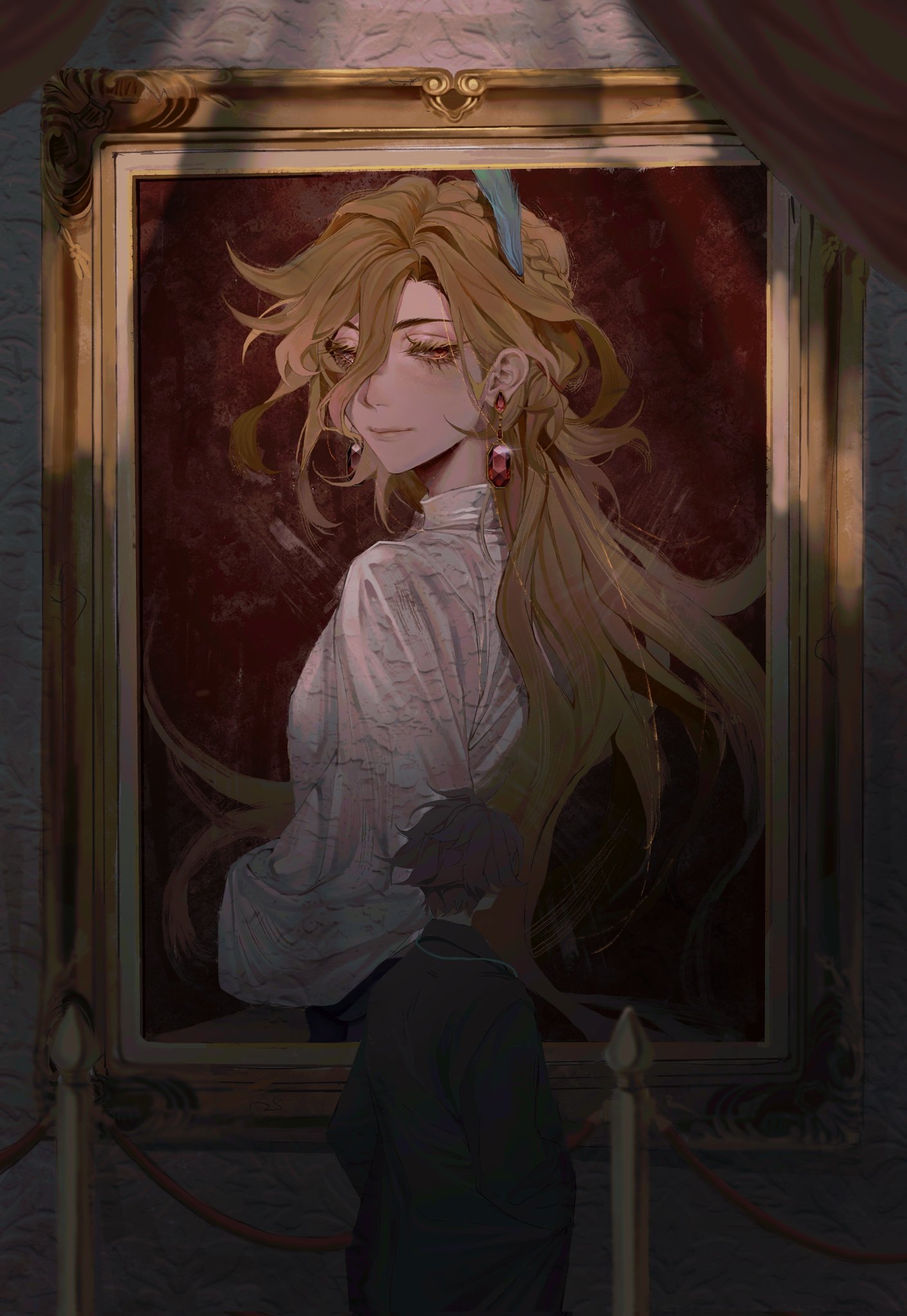 the image shows an animestyle painting of a woman with long blonde hair, she is wearing a white dress and a blue ribbon. she is looking to the right side of the image. a man is standing in front of the painting, looking up at the woman in the painting. the man is wearing a black coat and dark hair. the painting is in a gold frame, and the background is dark. the painting is hanging on a wall in what looks like a gallery or museum. there is a red rope barrier in front of the painting. the light is dim in the room. the scene evokes a sense of longing and nostalgia.