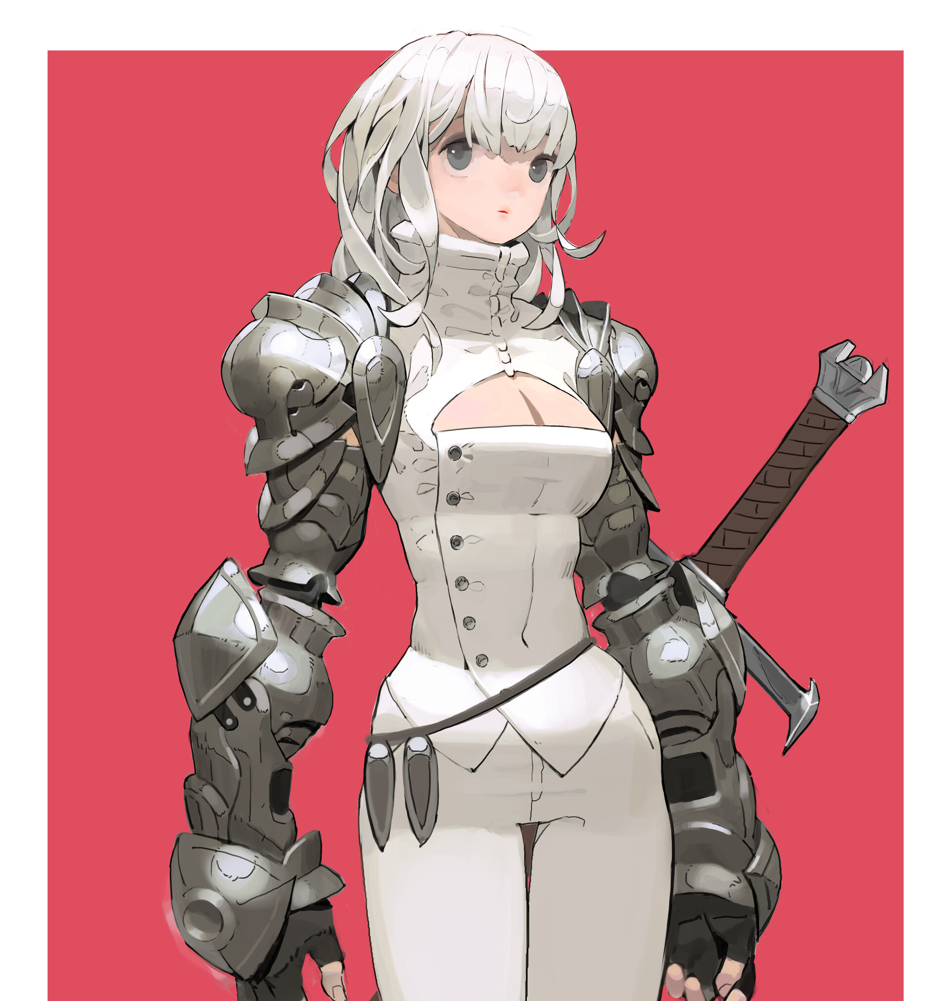 a digital animestyle image of a female warrior with short white hair wearing elaborate silver armor over a white outfit. she stands against a solid red background and has a sword strapped to her back.