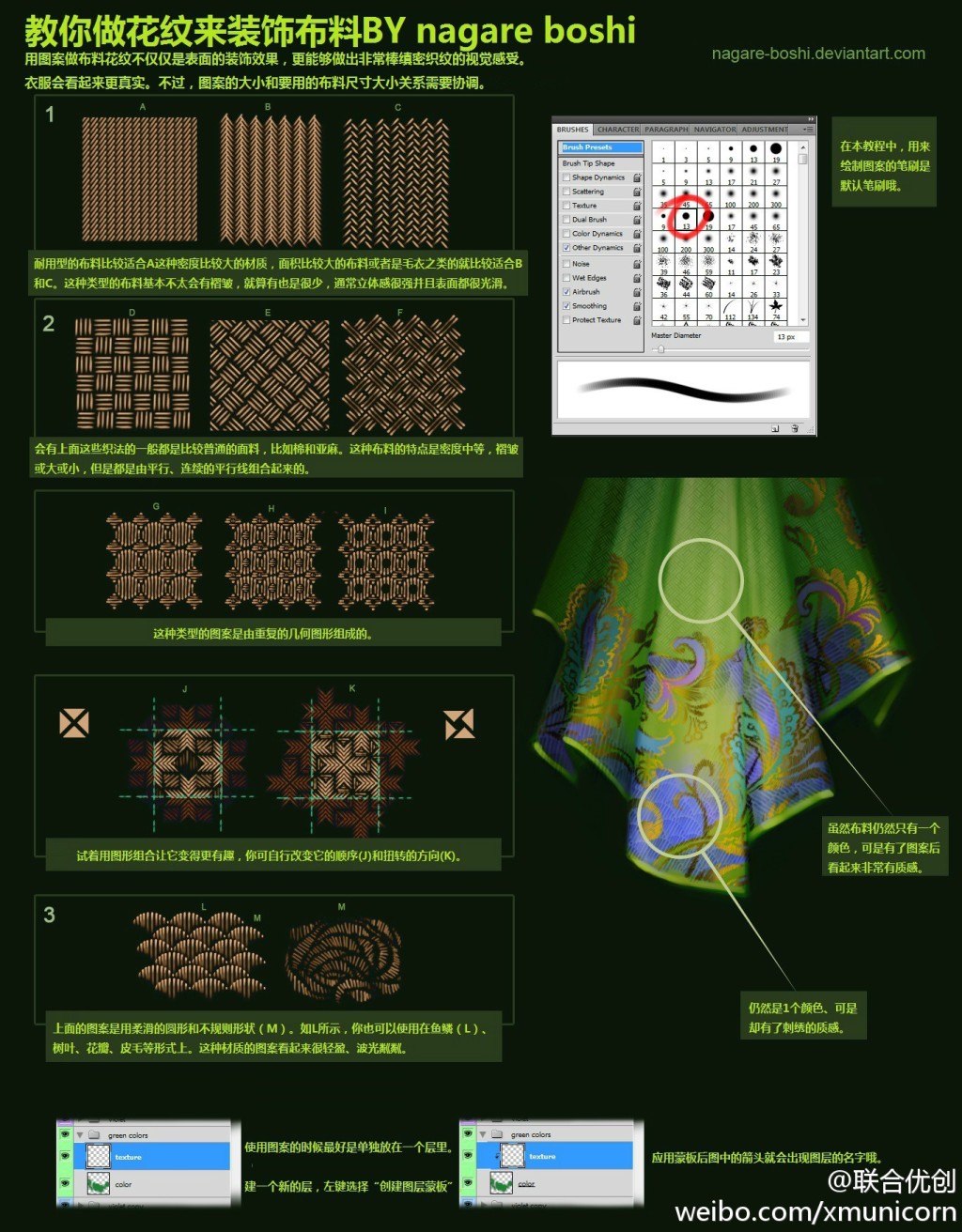 a tutorial image explaining how to create realistic fabric textures in photoshop. the tutorial is in chinese and uses a combination of text and images to illustrate the process. it shows how to create a repeating pattern, apply it to a fabric surface, and adjust the lighting and shadows to create a realistic look.