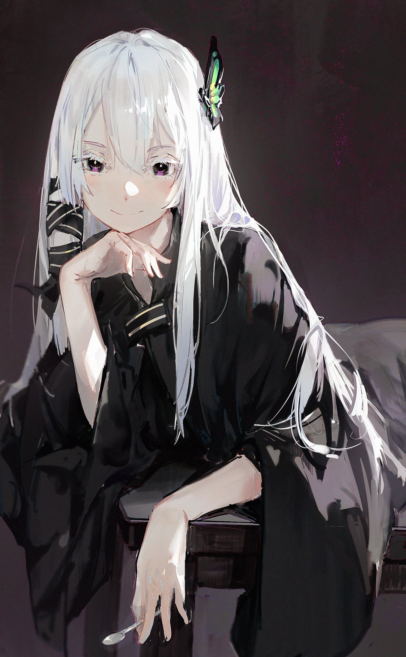 a beautiful anime girl with long, white hair is sitting at a table, looking to the side. she has a black dress on and a butterfly hairpin in her hair. her hand is resting on her chin and she is staring thoughtfully into the distance.