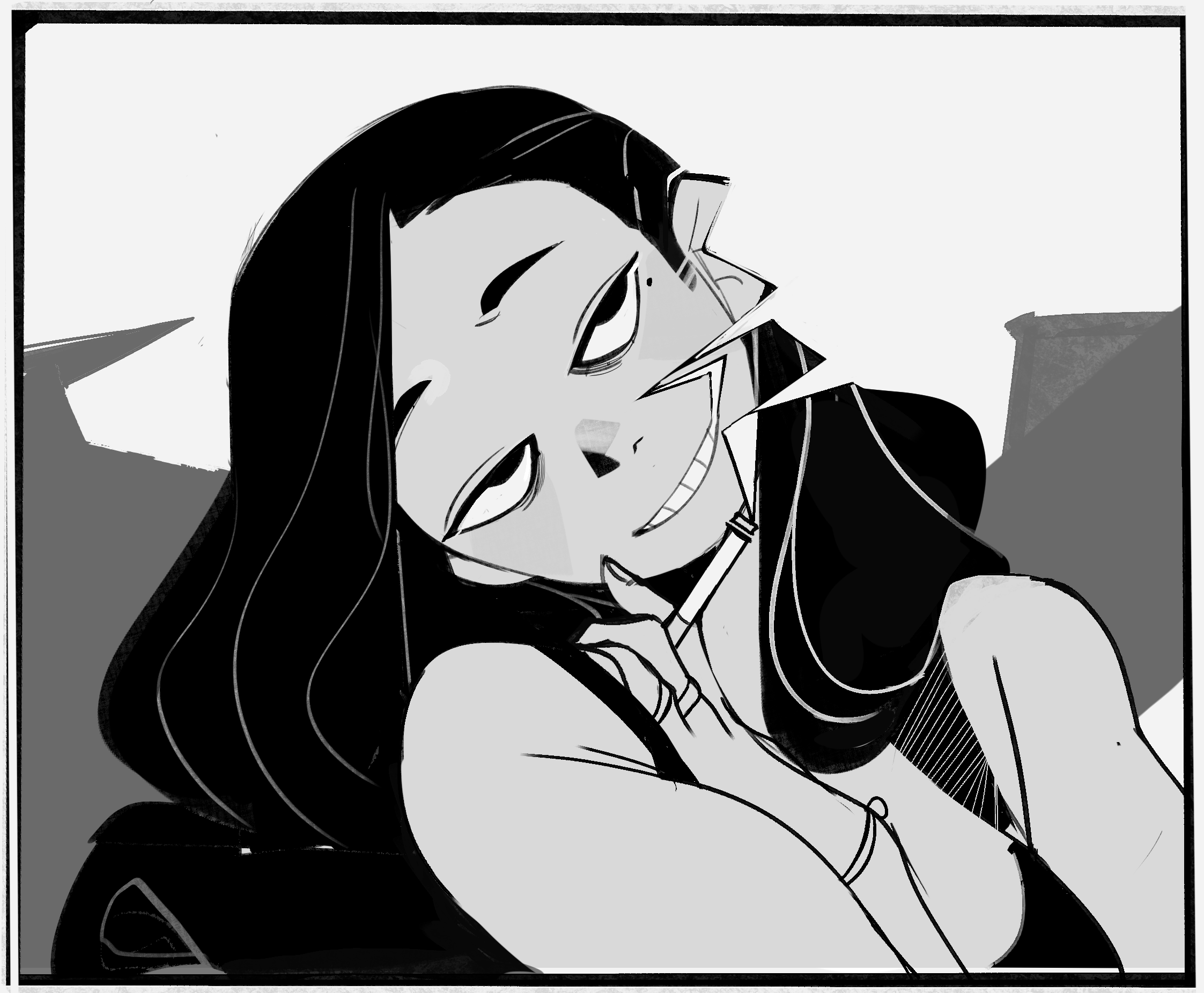 a closeup portrait of a woman with long black hair, she looks mysterious and alluring, she is smiling, and there are shadows around her.  the image is drawn in a black and white cartoon style.
