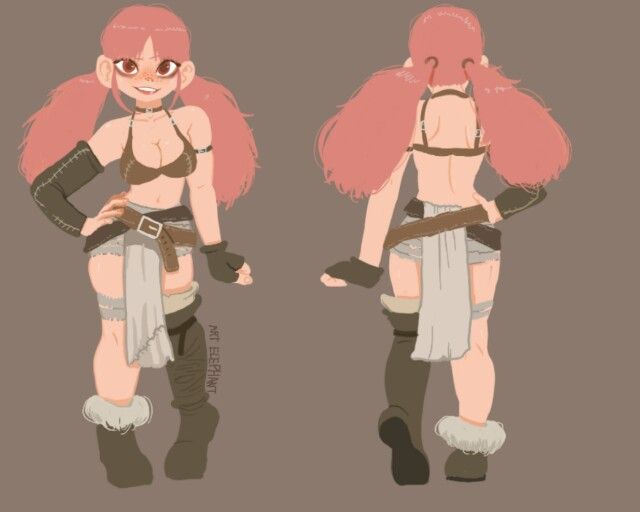 a cartoon illustration shows a female warrior character with pink pigtails, wearing leather armor, from both the front and back views.
