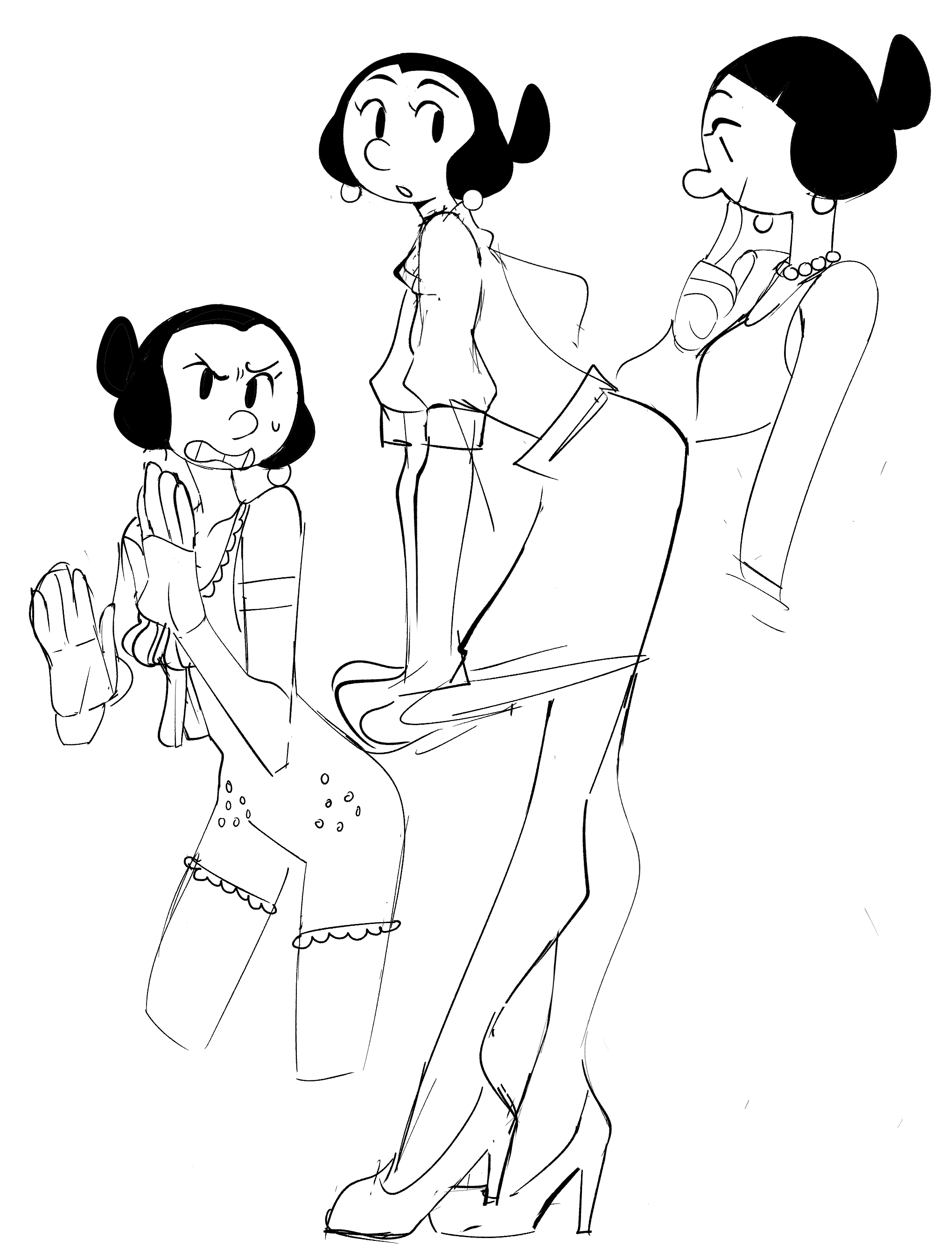 this is a black and white cartoon sketch of three women. the women are all drawn in a simple, minimalist style with thick lines. the women are all wearing different outfits. one woman is wearing a dress and heels, another woman is wearing a shirt and pants, and the third woman is wearing a short skirt and a top. the women are all standing in different poses. the cartoon is very cute and funny.