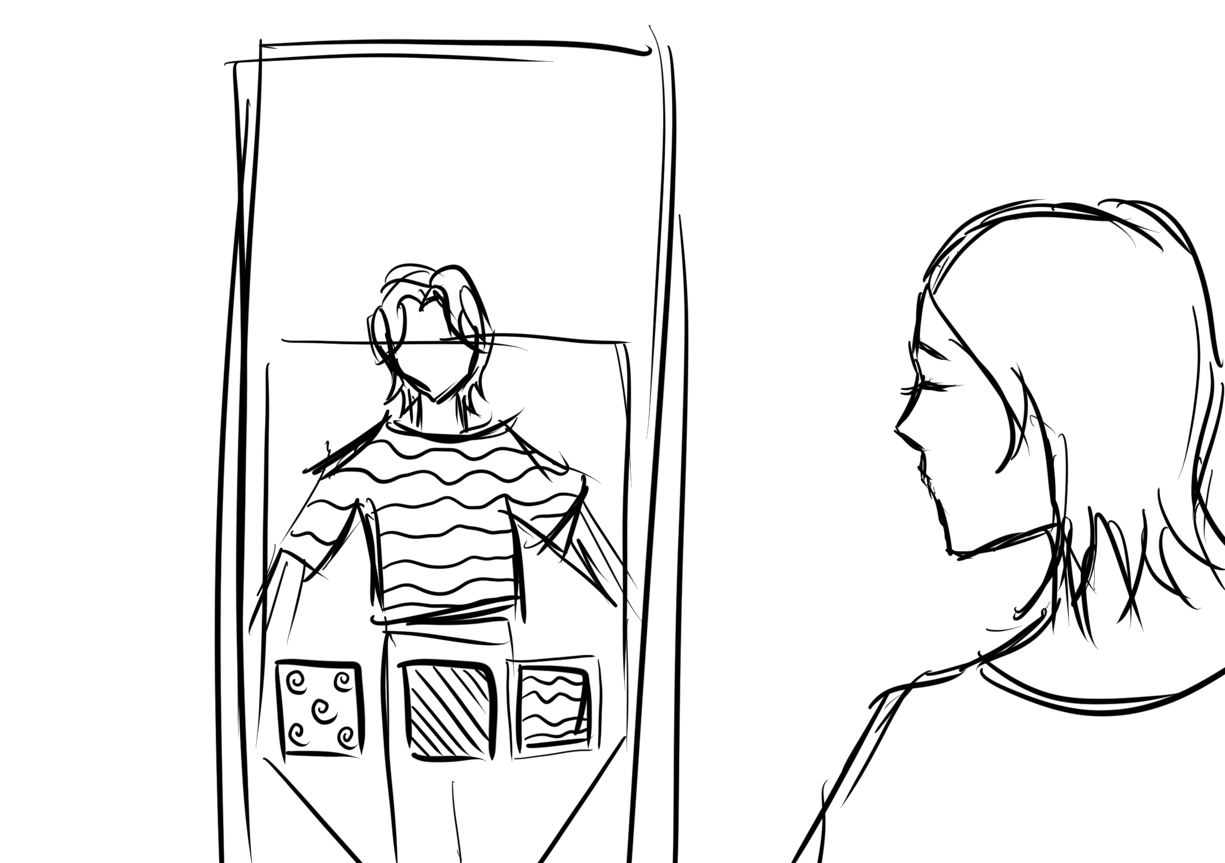 the image is a simple black and white sketch showing a woman looking at a framed image of a man. the man is depicted wearing a striped shirt and is positioned in the center of the frame. the woman is in profile view, appearing to be observing the man's image with a contemplative expression. the overall style is loose and sketchy, suggesting a quick and informal illustration. the background is plain white.