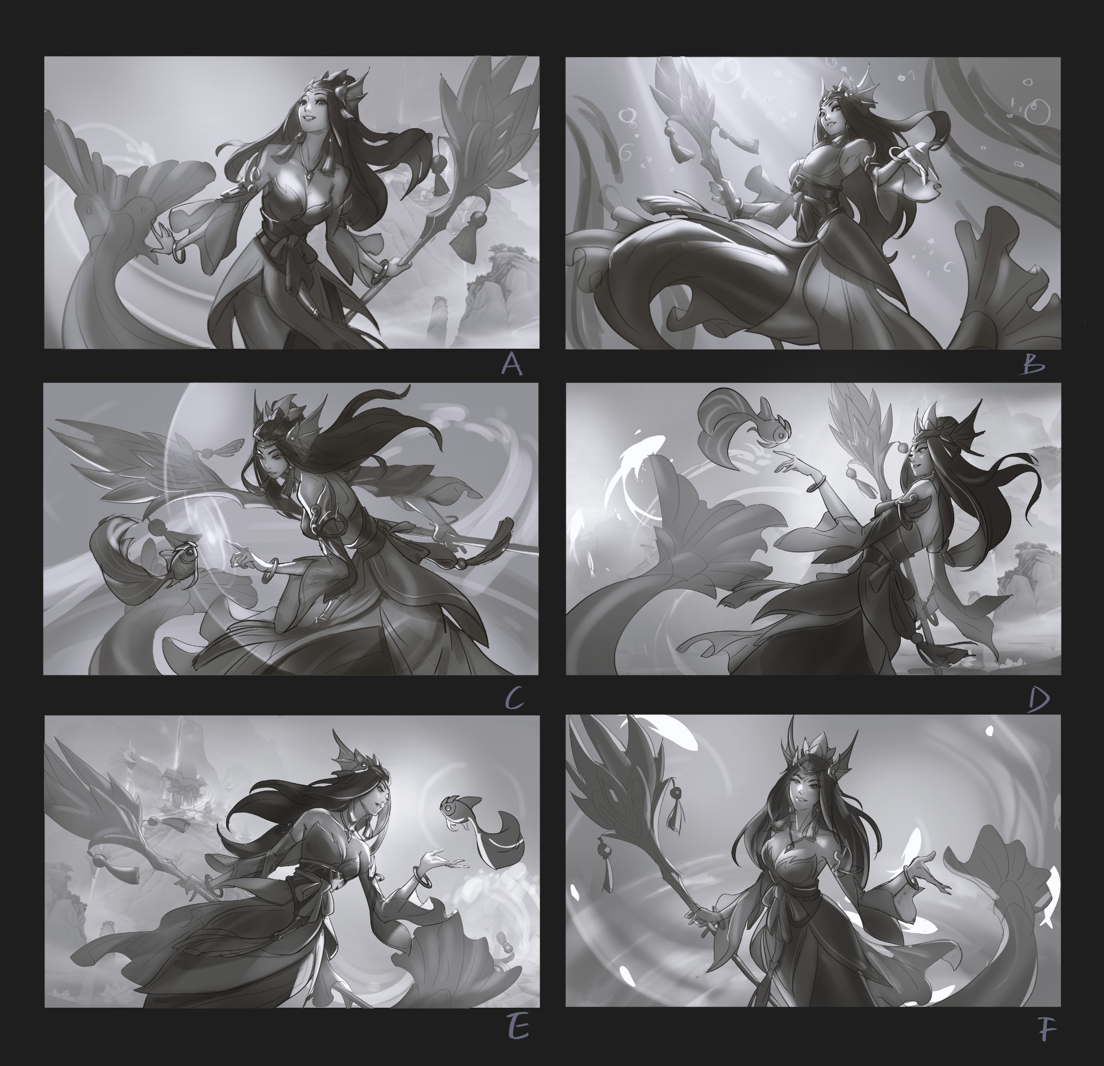 this is a concept art piece of a beautiful anime woman in a flowing dress holding a staff with a large fish at her side. the art is in a fantasy style, with black and white colors. the image is made with detailed lines and shapes. the artist is exploring different poses and positions of the character, as well as the use of light and shadow.