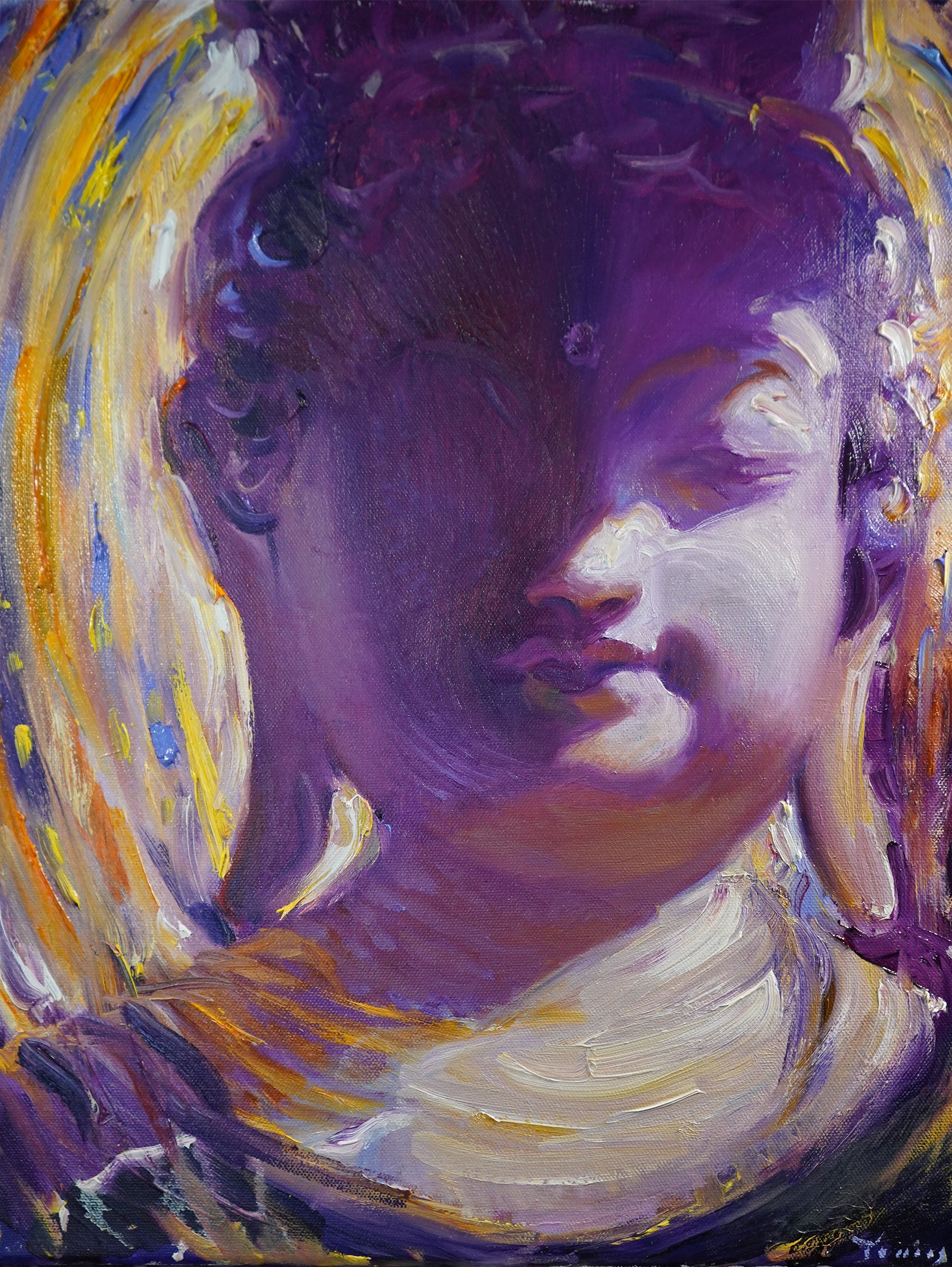 this painting is a portrait of a buddha, rendered in a vibrant palette of purples, golds, and yellows. the buddha's face is serene and peaceful, with eyes closed in meditation. the brushstrokes are visible and add a sense of texture and movement to the painting. the background is abstract, with swirling patterns of color that suggest the buddha's aura or the energy of the universe. the painting is a powerful and evocative work of art that speaks to the themes of spirituality, enlightenment, and inner peace.