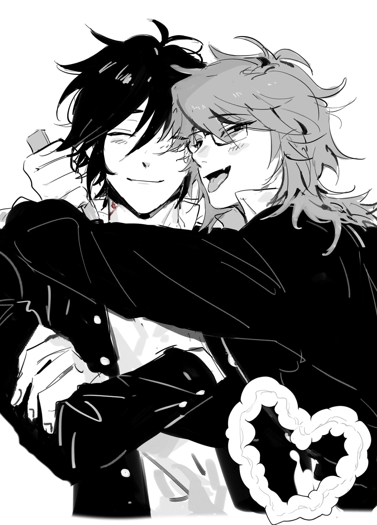 this is a black and white illustration of an anime couple embracing. they are both wearing jackets and are smiling at each other. the woman has long, flowing hair and a heartshaped symbol on her chest. the man has short, spiky hair. they are drawn in a manga style.