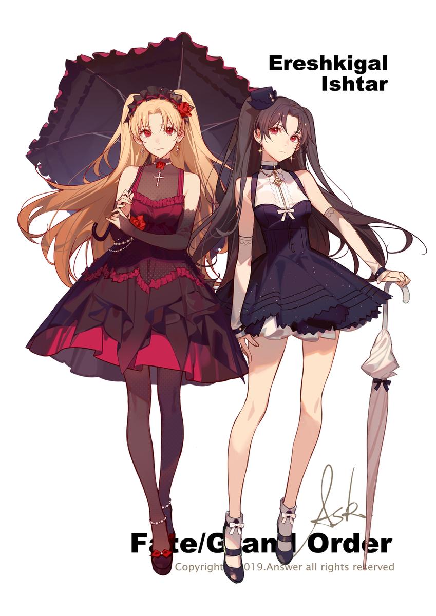 the image shows two anime girls in gothicinspired dresses. the girl on the left, identified as ereshkigal, has blond hair, red eyes, and a red and black dress. she is holding a black umbrella. the girl on the right, identified as ishtar, has dark hair, red eyes, and a dark blue and white dress. she is holding a white umbrella. they are both wearing jewelry and stockings, and they both have mary jane shoes. the text "fate/grand order" is at the bottom of the image.