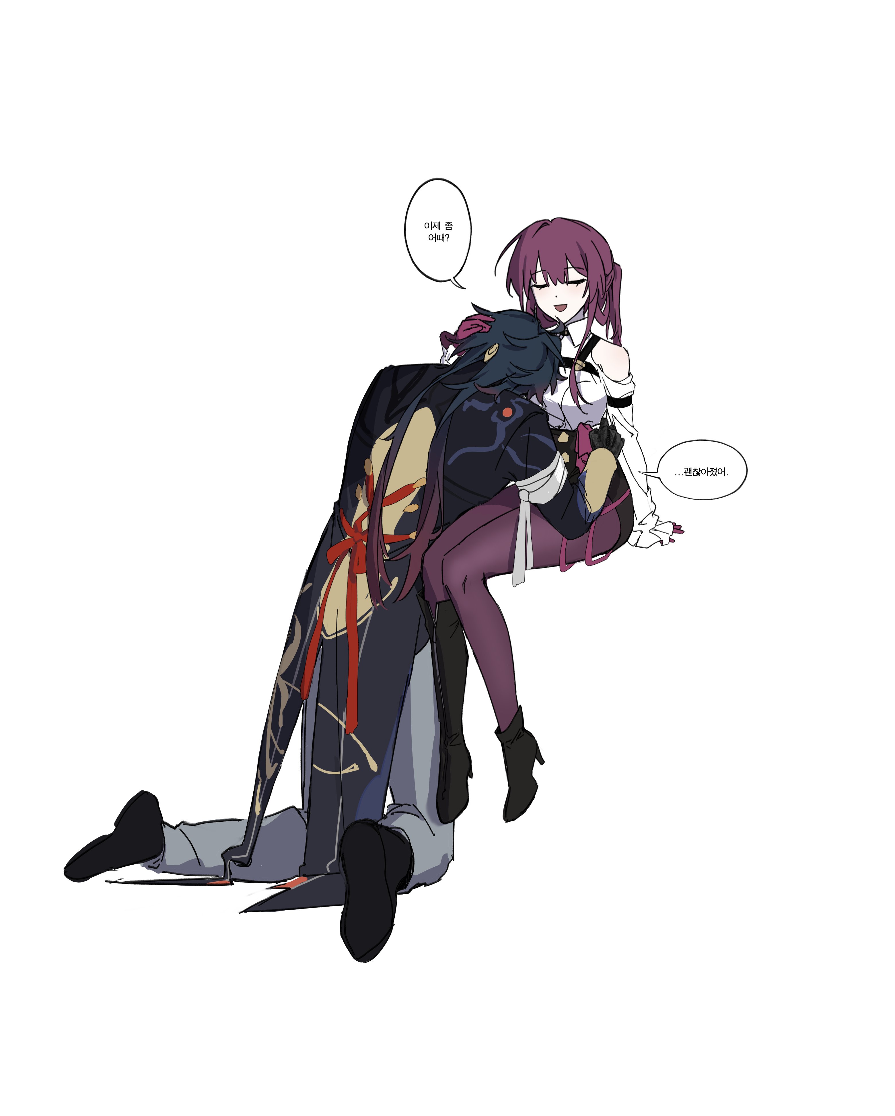 the image is an illustration of a couple, a young man with black hair and a black and gold outfit, and a woman with purple hair, a black dress, and red accents on her outfit, the woman is sitting on the man's back and the man is looking down at her lovingly, they both have happy and loving expressions. the drawing is digital, has a simple background, and is done in a comic style. the image is meant to be cute and romantic.