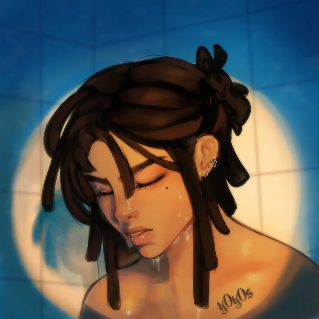the image is a digital painting depicting a young woman with brown skin and long dreadlocks. she is in what appears to be a shower or bathroom, with water droplets visible on her skin and hair. her eyes are closed, giving a peaceful and serene expression.  she has a small tattoo that says "y0y0s" on her chest. the overall style is a blend of anime and realistic elements, with warm and soft lighting creating a moody atmosphere. the background is a blurred out blue tiled wall.
