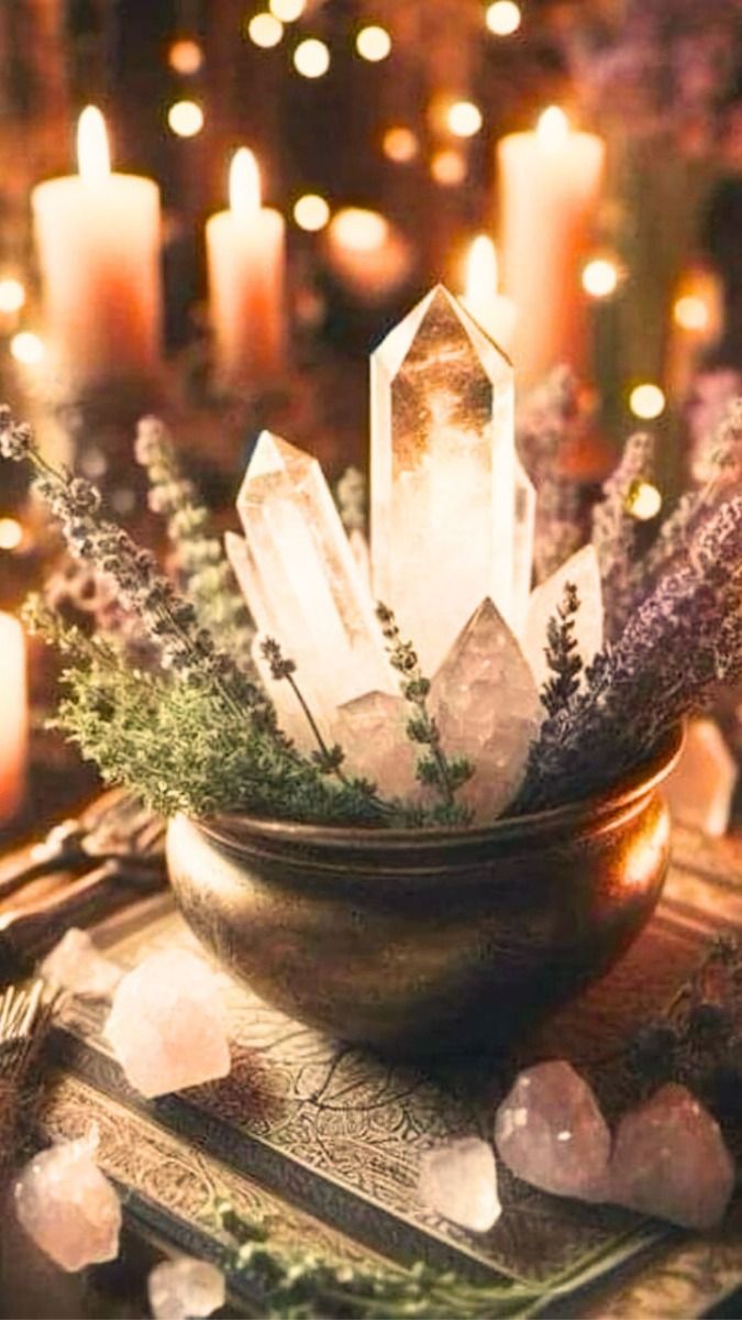 a still life of candles, crystals, and flowers.  there are several white candles in the background and a bowl of clear quartz crystals in the center of the image. the bowl is sitting on a wooden table, and there are some amethyst crystals scattered around it. the image is lit with candlelight and the colors are warm and inviting. the scene is full of mystical and spiritual vibes.