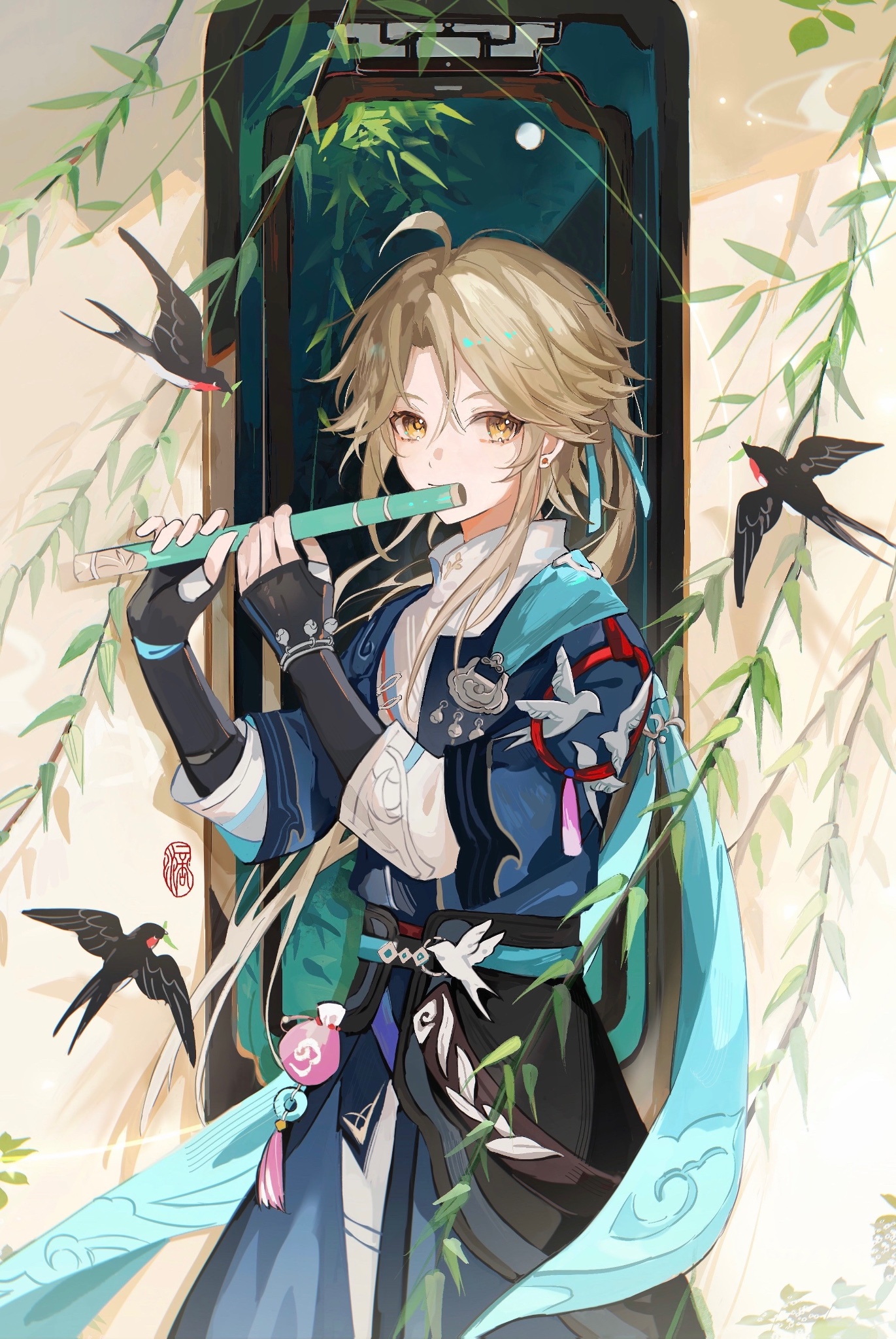 a digital illustration of xiao from genshin impact playing a bamboo flute. xiao is a tall, slender, young man with long, flowing blonde hair and golden eyes. he is wearing a traditional chinese outfit in shades of blue and green, with a white sash. he is standing in front of a window with bamboo plants and birds. he is playing a bamboo flute, and the music is swirling around him. the illustration is done in a traditional chinese style, with vibrant colors and intricate details.  the image is full of symbolism and imagery. the bamboo plants represent strength, flexibility, and resilience. the birds represent freedom, hope, and peace. the flute is a symbol of music, creativity, and expression. the image as a whole suggests that xiao is a talented musician who finds solace and joy in music.