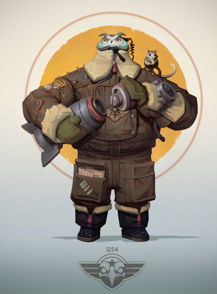 the image features a stylized character wearing an owl mask and goggles, dressed in an oversized pilot jacket with a large collar. the character has a steampunk aesthetic, evident in the gear they hold and the wristwatch on their wrist. a small mouse sits on their shoulder as a sidekick. the character stands in front of a yellow circle with a logo below them that features an owl and a star. the illustration style is reminiscent of concept art.