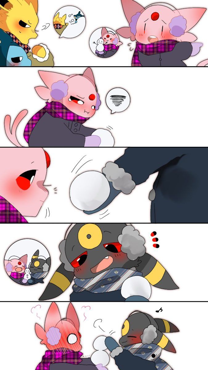 his is a fourpanel comic strip featuring several pokémonlike characters engaging in a snowball fight.  the characters are stylized with large heads and expressive eyes, typical of anime/mangainspired art. they wear winter clothing such as scarves and earmuffs. the art is bright, colorful, and has a lighthearted, childlike feel. the first panel shows two characters beginning the snowball fight, and the subsequent panels show various interactions between different pairings of the characters.  the overall mood of the image is joyful and lighthearted.
