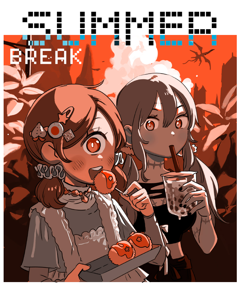 two cute anime girls are enjoying their summer break, eating and drinking together. one is holding a plate of sweet snacks and the other is holding a boba drink. they are both looking happy and relaxed. the background is a hazy and colorful, suggestive of summer and fun. the text at the top says "summer break".
