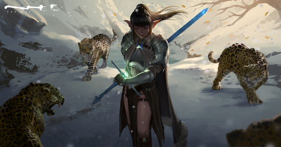 a female elf warrior with a glowing sword stands in the snow, surrounded by three snow leopards. the elf is wearing armor and a cape, and her hair is pulled back in a ponytail. the snow leopards are snarling and look ready to attack. the background is a snowy mountain landscape.