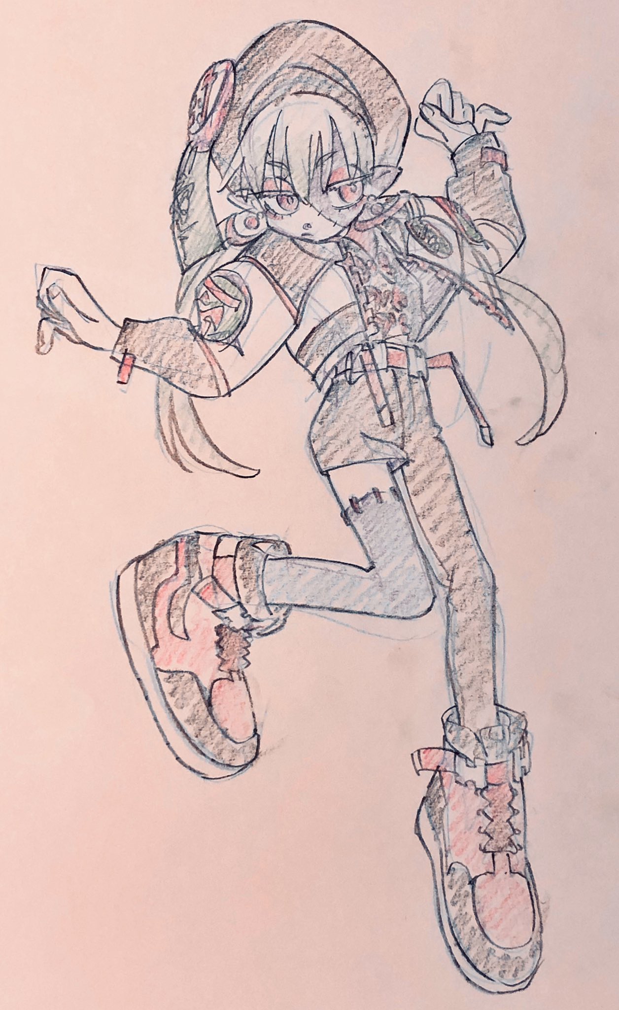 the image is a dynamic sketch of a young girl, possibly an anime or manga character, striking a playful pose. she's decked out in trendy streetwear, including a hoodie, a jacket with various patches, ripped shorts, and stylish sneakers. her headphones hint at her love for music, while her confident demeanor and the fluid lines of the drawing convey a sense of energy and attitude. the sketch utilizes a soft light and a muted color palette.